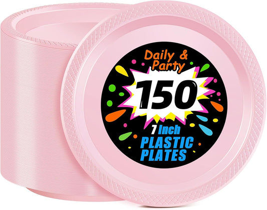 WELLIFE Pink Party Plates 7 Inch -150 Count, Disposable Plastic Light Pink Dessert Plates for Party Cake Easter Mother's Day Baby Shower Appetizer