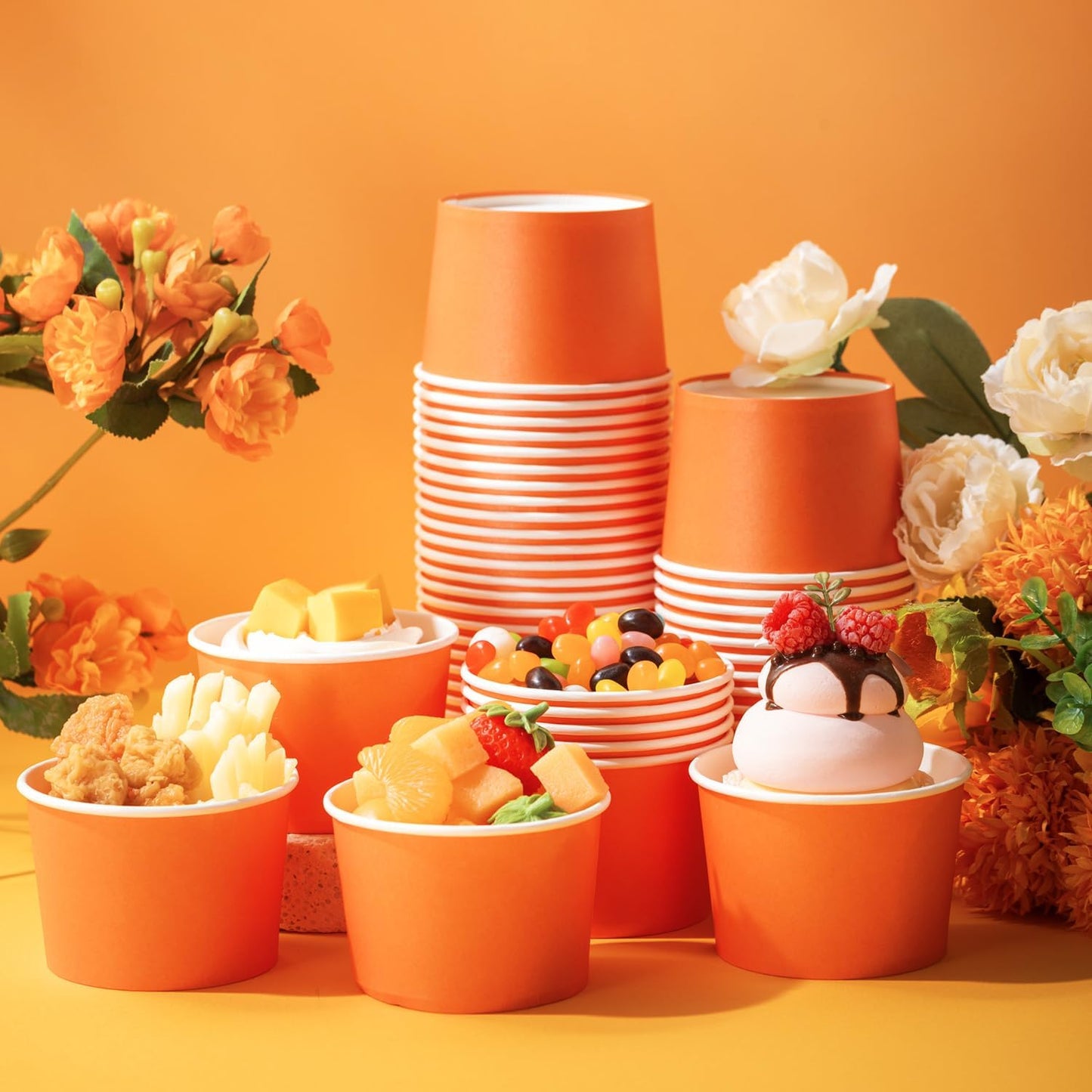 Paper Ice Cream Cups 9oz Colored Disposable Dessert Bowls for Hot or Cold Food Party Cups for Birthday Baby Shower Easter Party Supplies(Orange,60 Pcs)