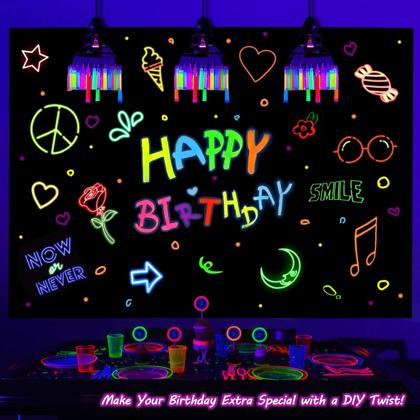 Mega-L Glow In The Dark Party Supplies, Neon Halloween DIY party decorations with 4 fluorescent colored pens, Let’s Glow Photography Background Birthday Graffiti Black Light Photo Booth (5.2x5.9 feet)