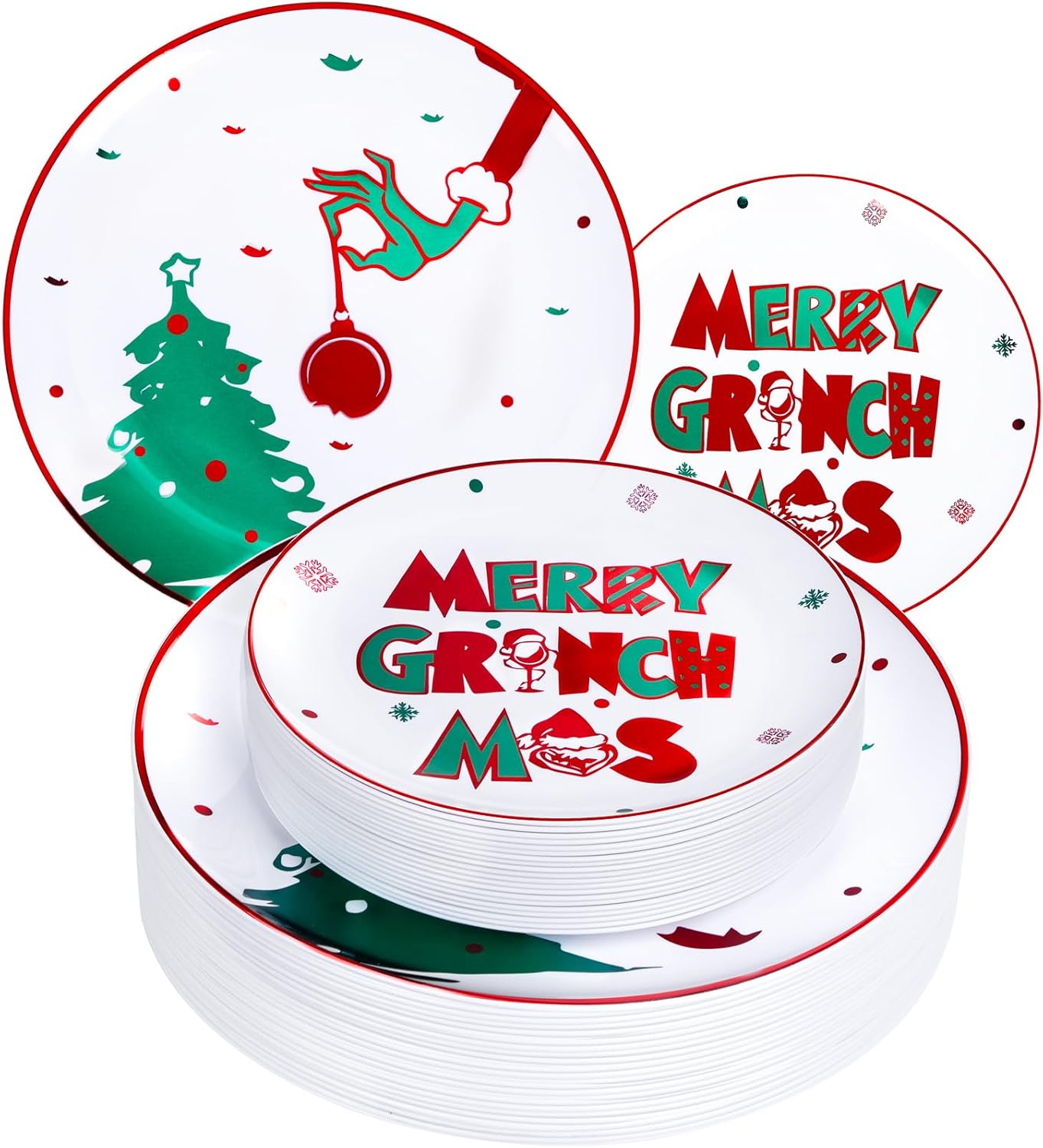 WELLIFE 60pcs Christmas Plates-30 Plastic Green Monster Dinner Plates and 30 Green Monster Dessert Plates,Red and green Plastic Plates with Christmas Tree Patterns