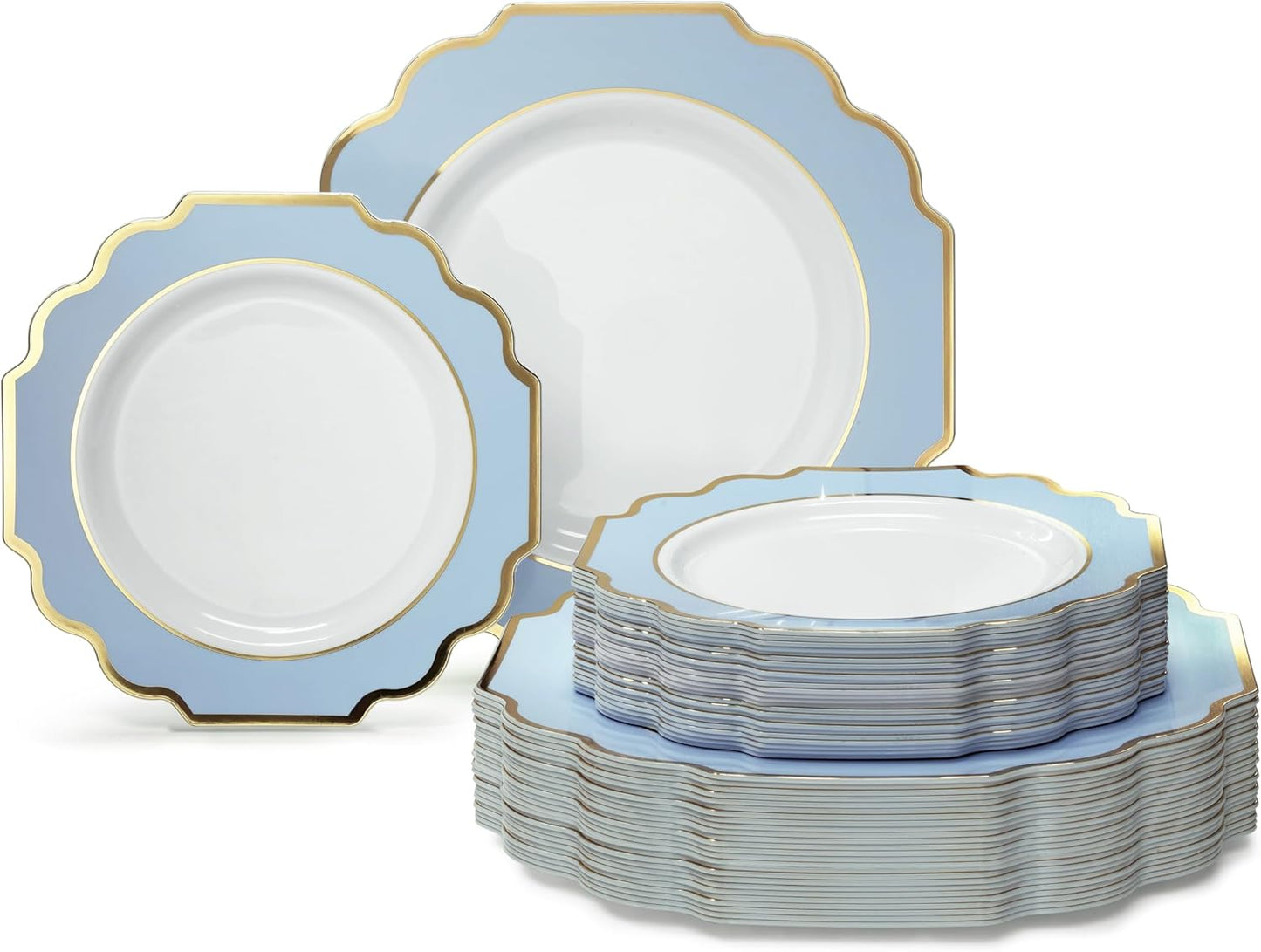 " OCCASIONS " 80 Plates Pack,(40 Guests) Heavyweight Wedding Party Disposable Plastic Plates Set -40 x 10.5'' Dinner + 40 x 8'' Salad/Dessert Plate (Imperial in White/Blue & Gold)