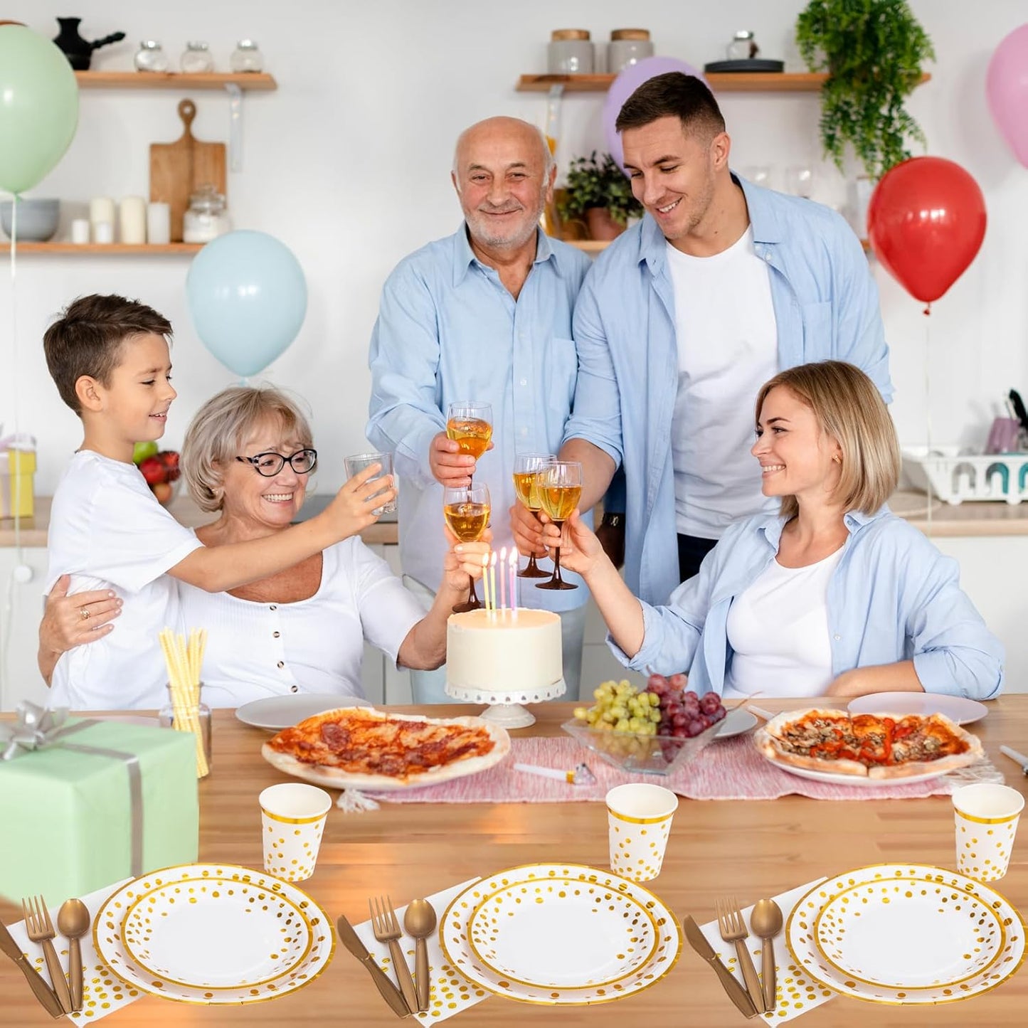 Supernal 350pcs White and Gold Plates & Napkins Party Supplies,10inch Birthday Plates 7inch White and Gold Paper Plates Gold Plastic Forks,Knives,Spoons,White Napkins Cups Served 50 Guest for Birthday