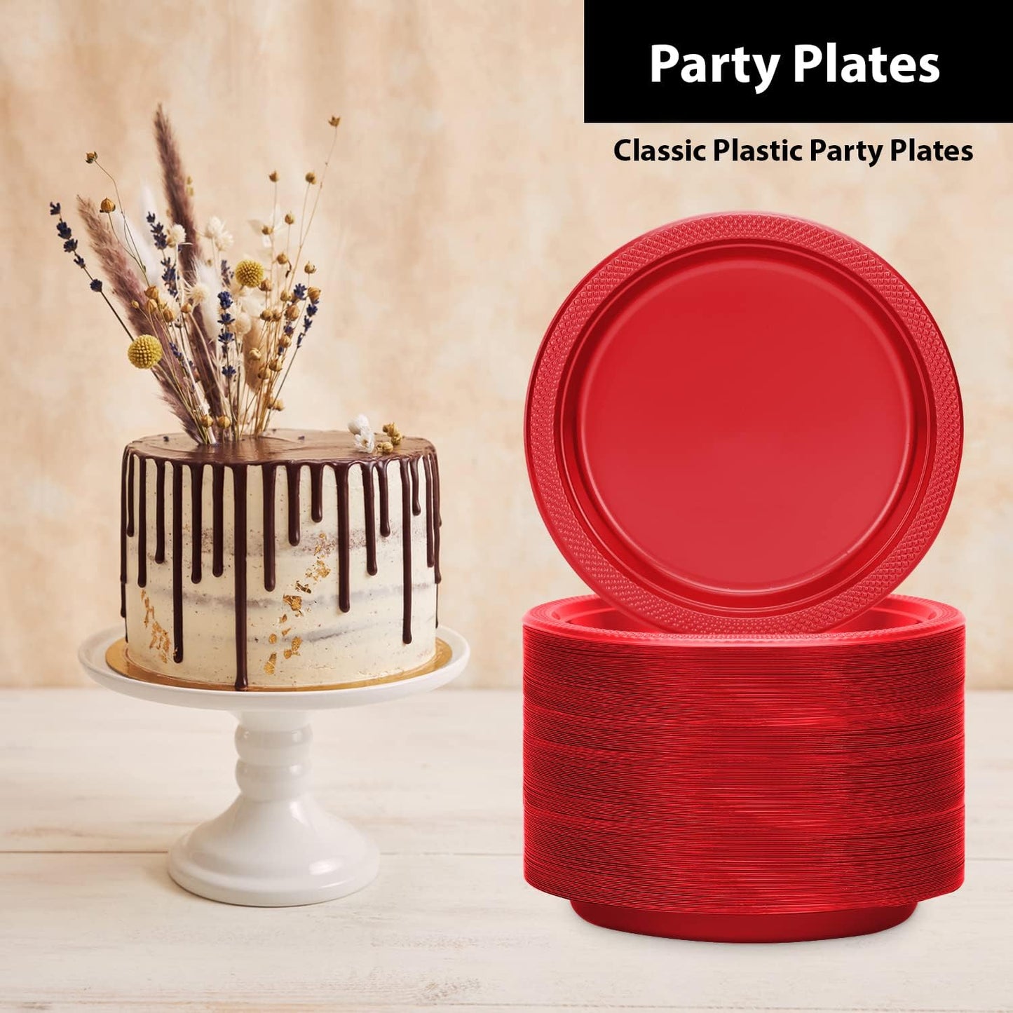 Hanna K. Signature Red Plastic Party Plates, 7-Inch Heavy Duty Disposable Plates, 50 Count, Party Supplies for Appetizers, Cake & Dessert