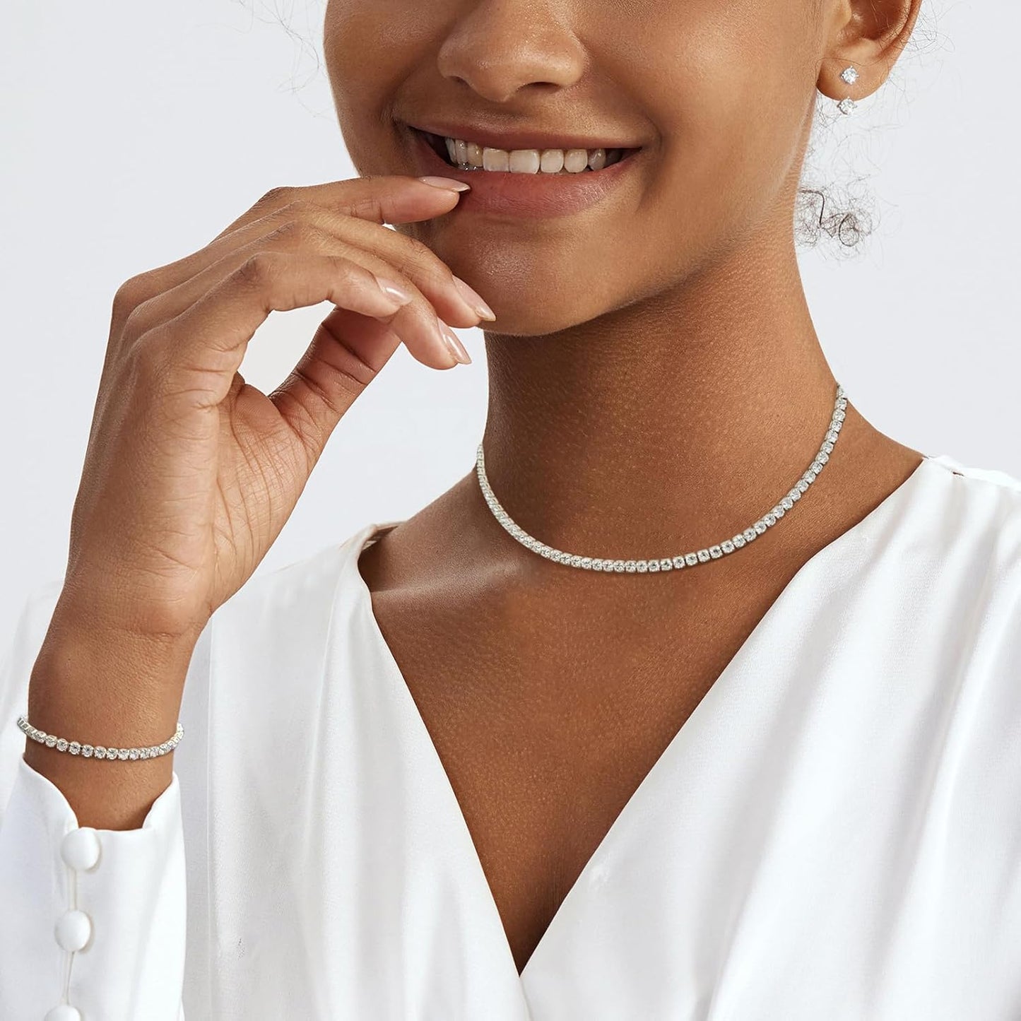 Luxval Tennis Necklace Set for Women Tennis Bracelets Diamond Earrings Sterling Silver Necklace Wedding Jewelry for Bride Silver Jewelry Sets for Women Gift