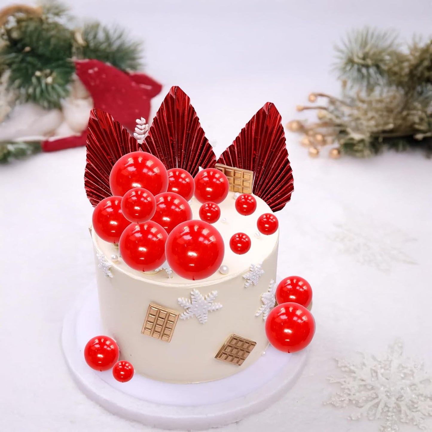 Ephlyn 28Pcs Paper Palm Fan Cake Topper Balls Cake Pick for Baby Shower Wedding Bridal Shower Birthday Party Cake Decorations Supplies Red