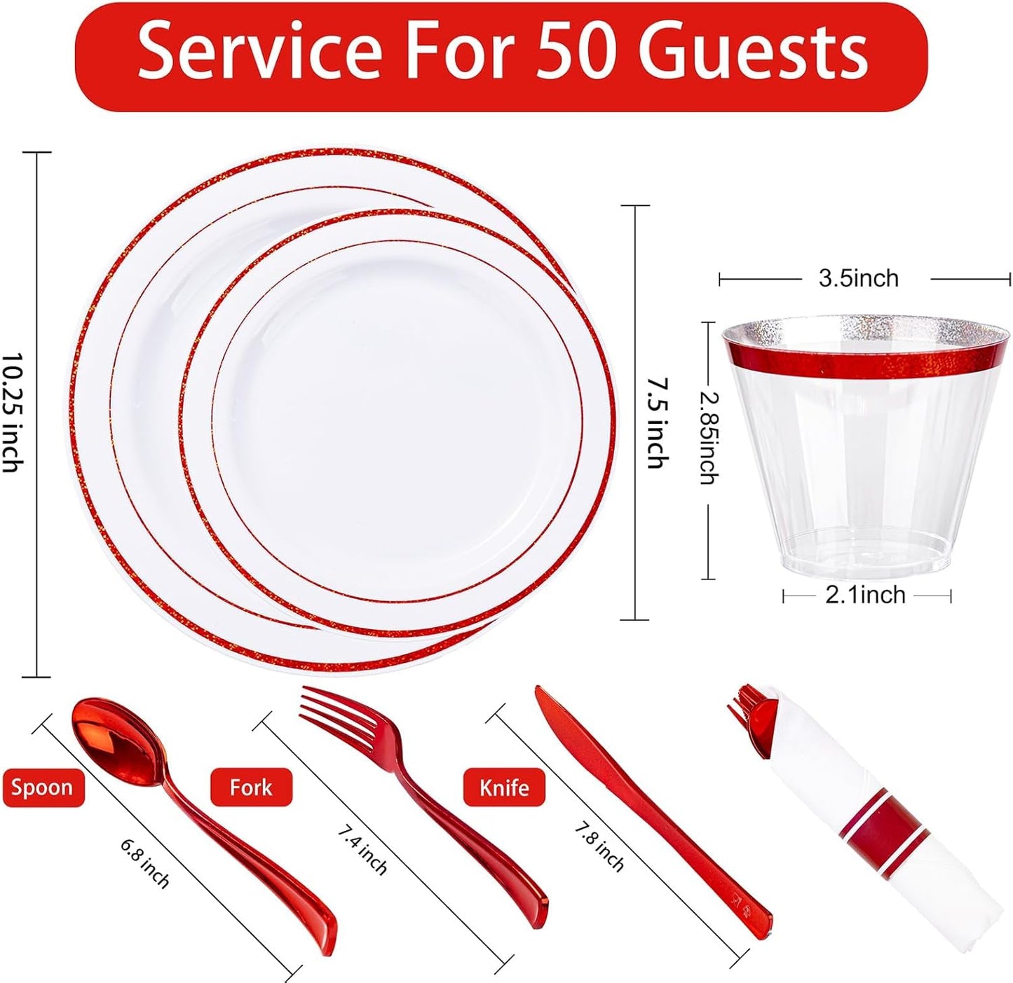 WELLIFE 700 Pieces Red Plastic Plates - Disposable Silverware and Cups, Include: 100 Dinner Plates 10.25”, 100 Dessert Plates 7.5”, 100 Red Cups 9 OZ, 100 Plastic Cutlery