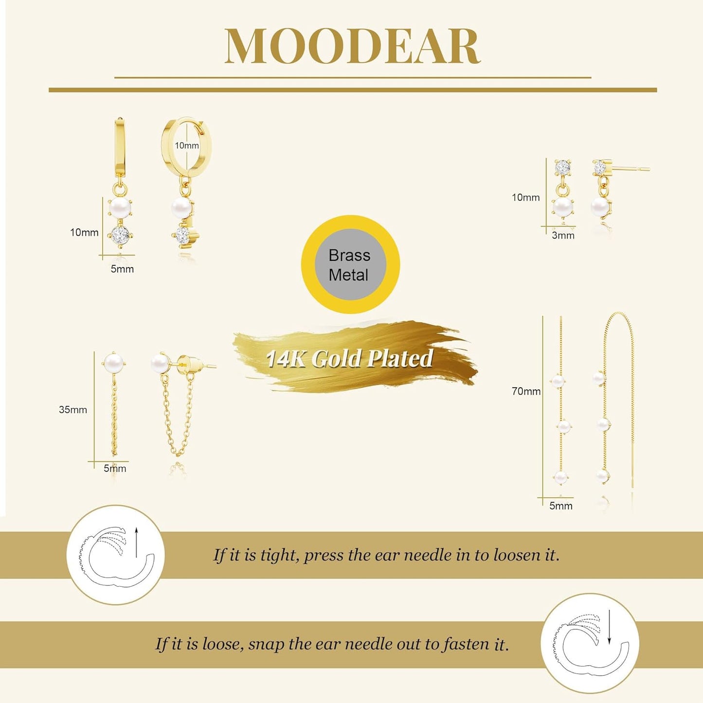Moodear Gold Earrings for Women No Tarnish - Trendy 14K Gold Plated Pearl Hoop Studs Chain Earrings Stacks for Women Wedding Jewelry Gift