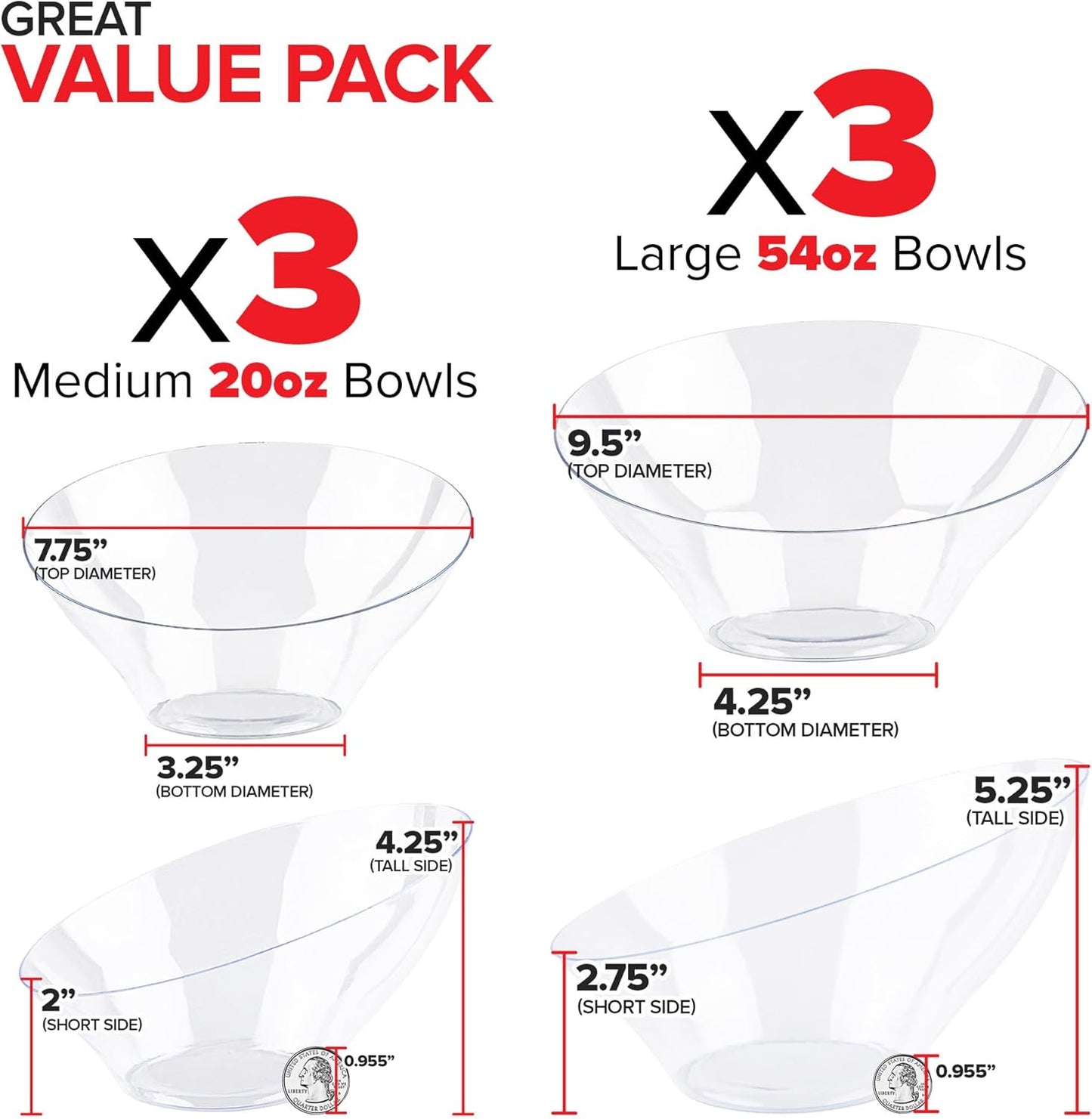 Multi-Pack Clear Plastic Serving Bowls (6 Pack) 3 x 54oz Large Disposable Candy Dishes, 3 x 20oz Buffet Containers, Chips, Popcorn, Snacks, Punch, Salad Bar, Parties, Bridal Shower, Party Supplies