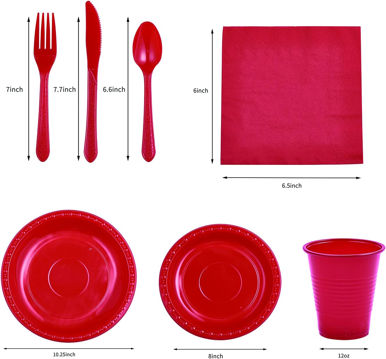 175 PCS Red Plastic Dinnerware Set Includes 50 Plates, 25 Cups, 25 Napkins, 25 Cutlery Spoons Forks & Knives, Disposable Dinnerware Set, Red Party Supplies Set