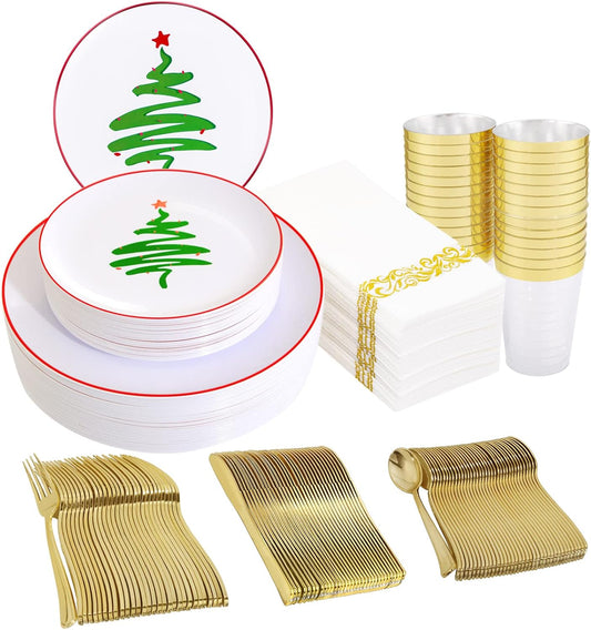 Supernal 350pcs Christmas Plastic Dinnerware Set,Christmas Plastic Plates,Gold Plastic Silverware,Gold Plastic Cups,Plastic Plates with Christmas Tree Design Suit for 50 Guests Perfect for Christmas