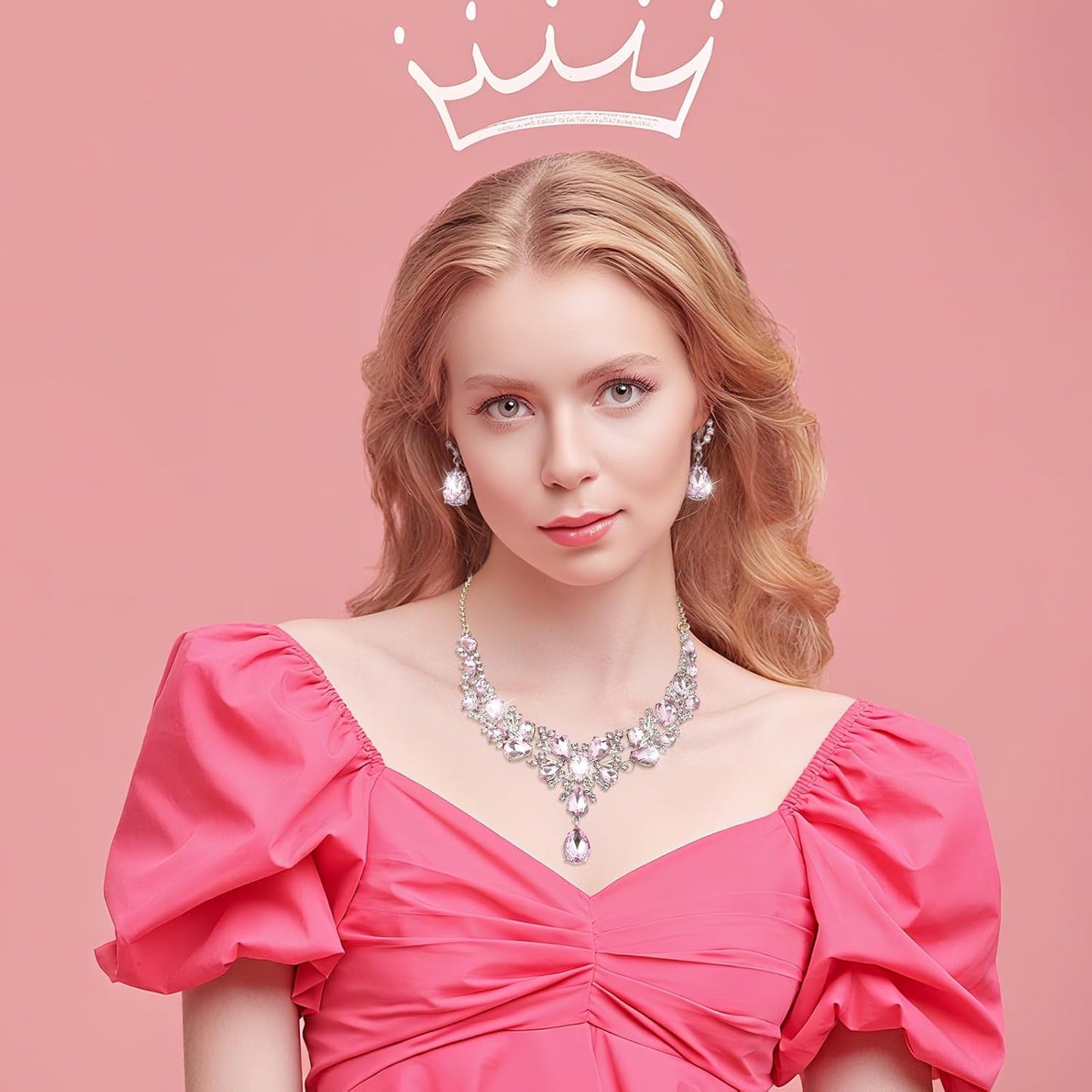 Hicarer Bridal Teardrop Cluster Crystal Jewelry Set for Women Necklace Earrings Wedding