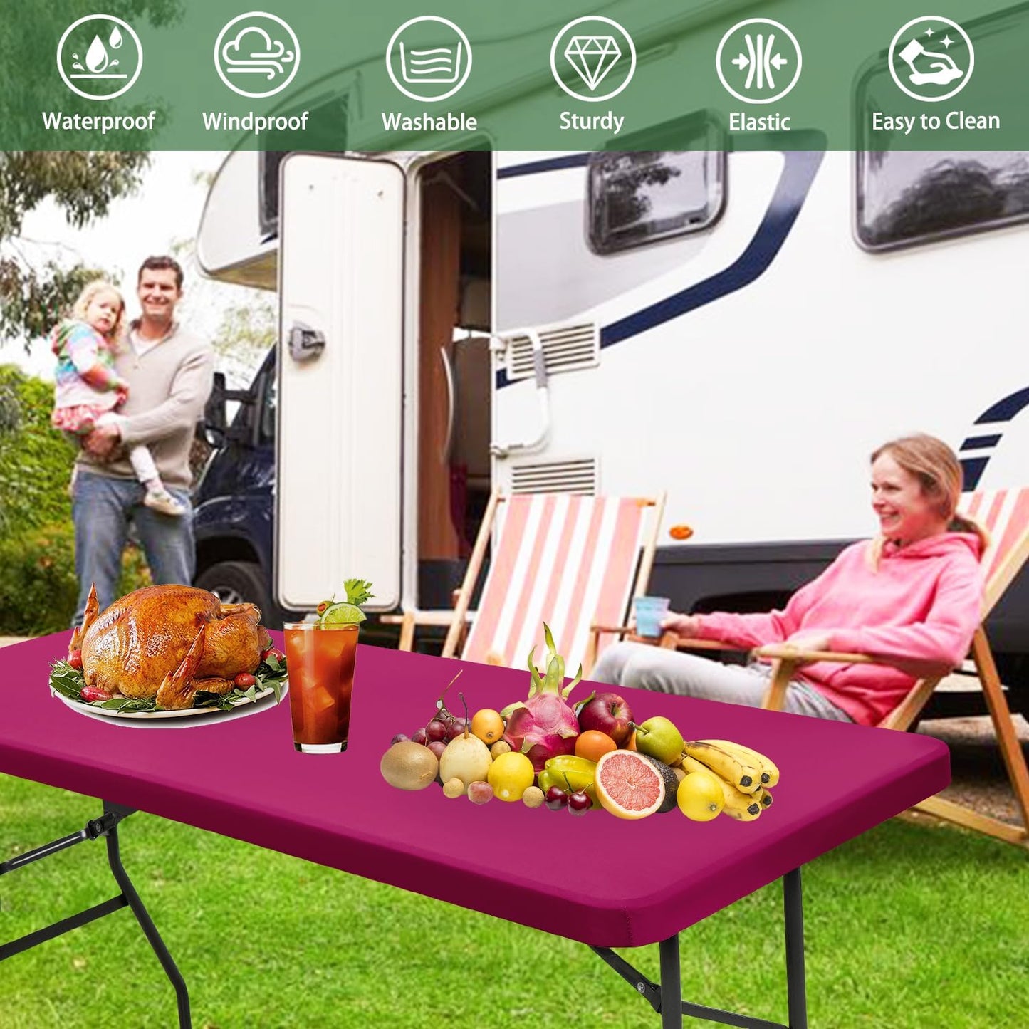 10 Pack Picnic Table Cover Elastic Fitted Outdoor Tablecloths for 8 Foot Rectangle Tables Waterproof Stretch Washable Patio Folding Spandex Table Cloth Camping Banquet Parties (Hot Pink,30" x 96")