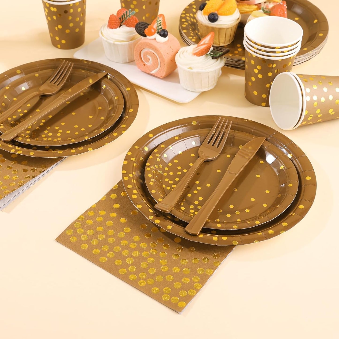 Brown and Gold Party Decorations, Brown Plates and Napkins Party Supplies 175Pcs Terracotta Paper Plates for Mexicanos Birthday Holiday, Serves 25