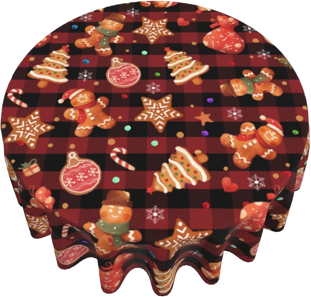 Giwawa Gingerbread Man Round Tablecloth for Kitchen Dining, 60Inch Christmas Cookies Balls Buffalo Plaids Table Cover, Winter Snowflakes Xmas Trees Table Cloth Washable for Holiday Party Decor