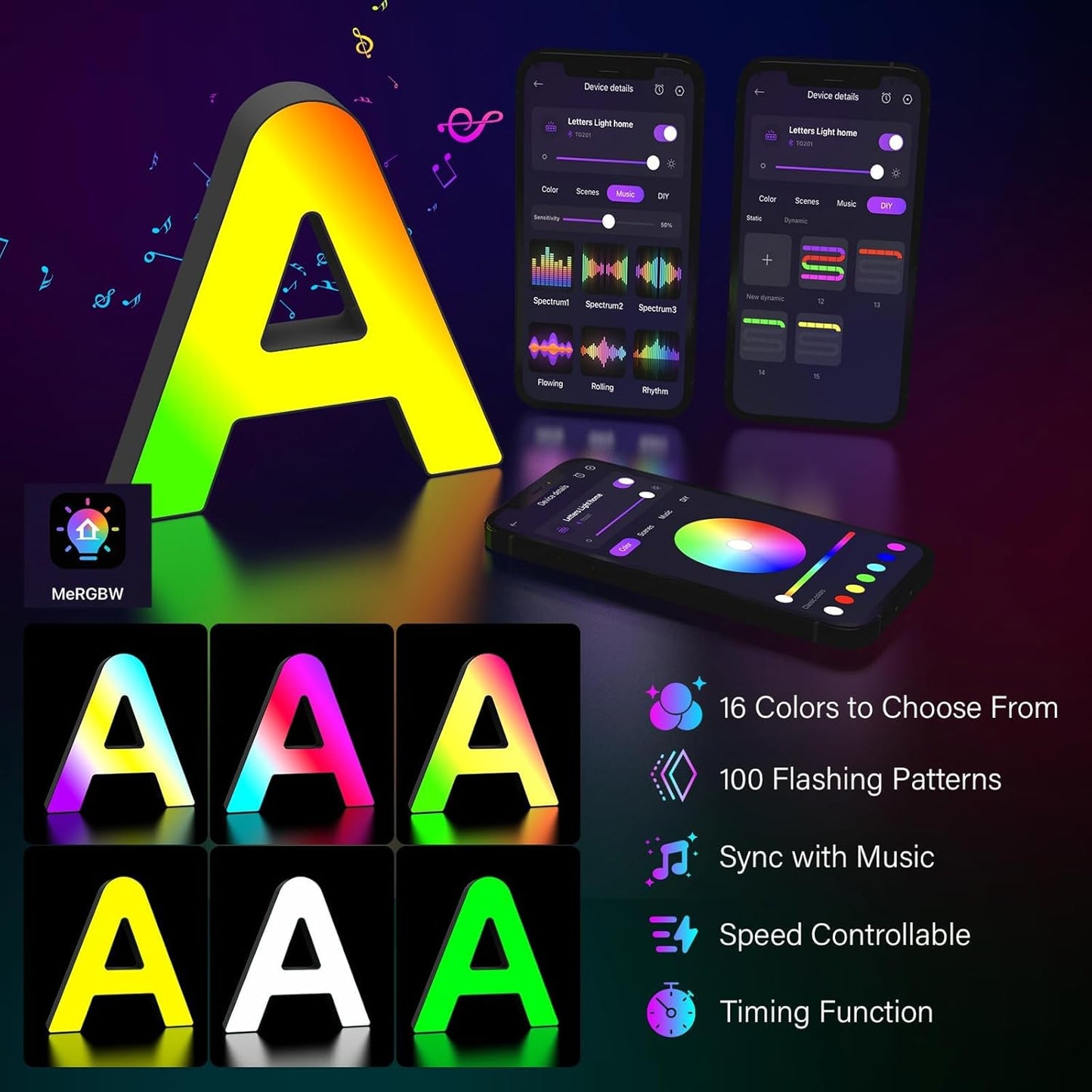 Light Up Letters Marquee Letter - LED Lights Room Decor - Music Sync RGB Color Changing Logo Game Lights for Girls Women Party Birthday Christmas Valentine's Day Wall Desktop Decoration (MRGB-A)