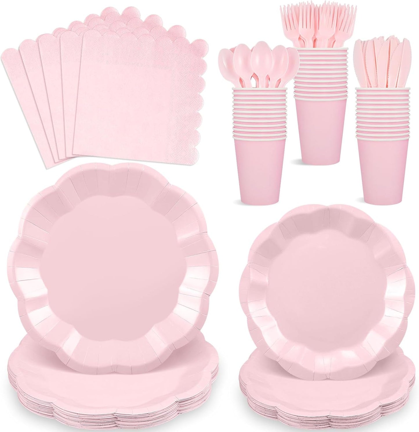 175 Pcs Pink Plates and Napkins Set, 25 Guest Pink Party Supplies Include Scalloped Plate Napkin Cup Forks Knives Disposable Plastic Cutlery for Wedding Baby Shower Birthday Party