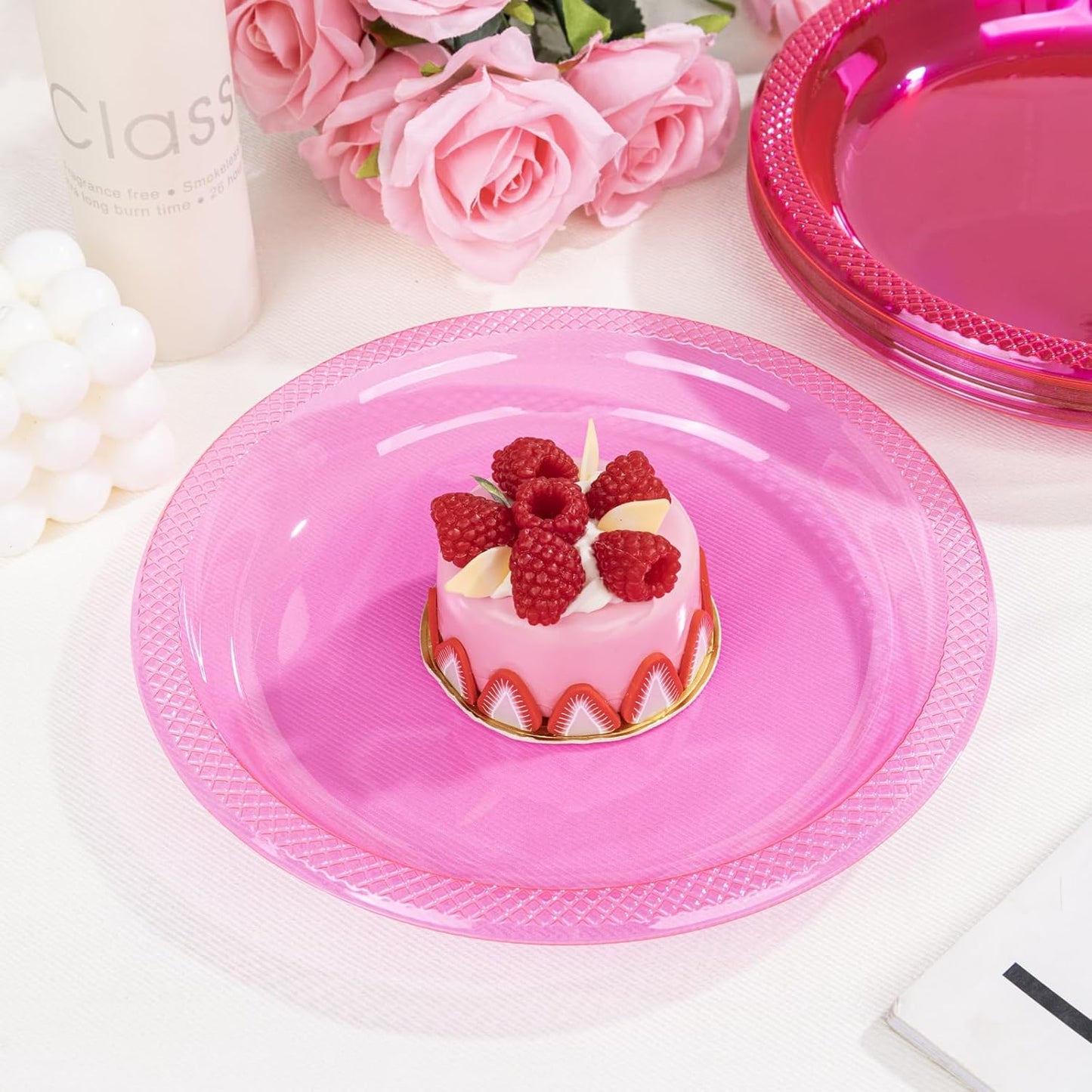 WELLIFE Neon Pink Party Plates 7 Inch -150 Count, Translucent Pink Plastic Disposable Dessert Neon Plates for Fluorescent Neon Theme Party Cake Salad Appetizers Easter Baby Shower Mother's Day