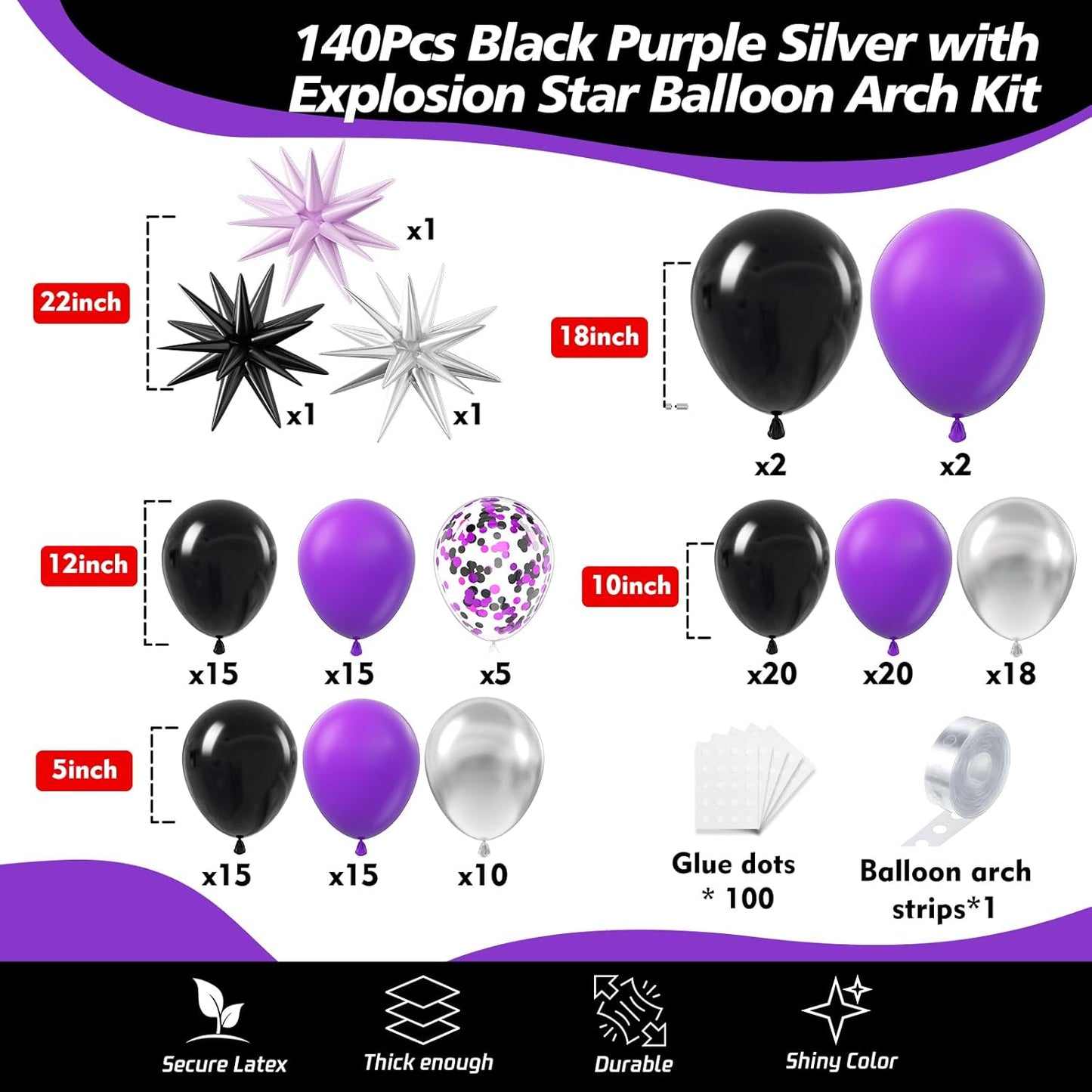 Purple and Black Balloon Arch Kit, 140Pcs Black Purple Metallic Silver and Confetti Balloon Garland kit, 22 18 12 10 5 Inch Different Size Balloons for Halloween Birthday Party Decorations