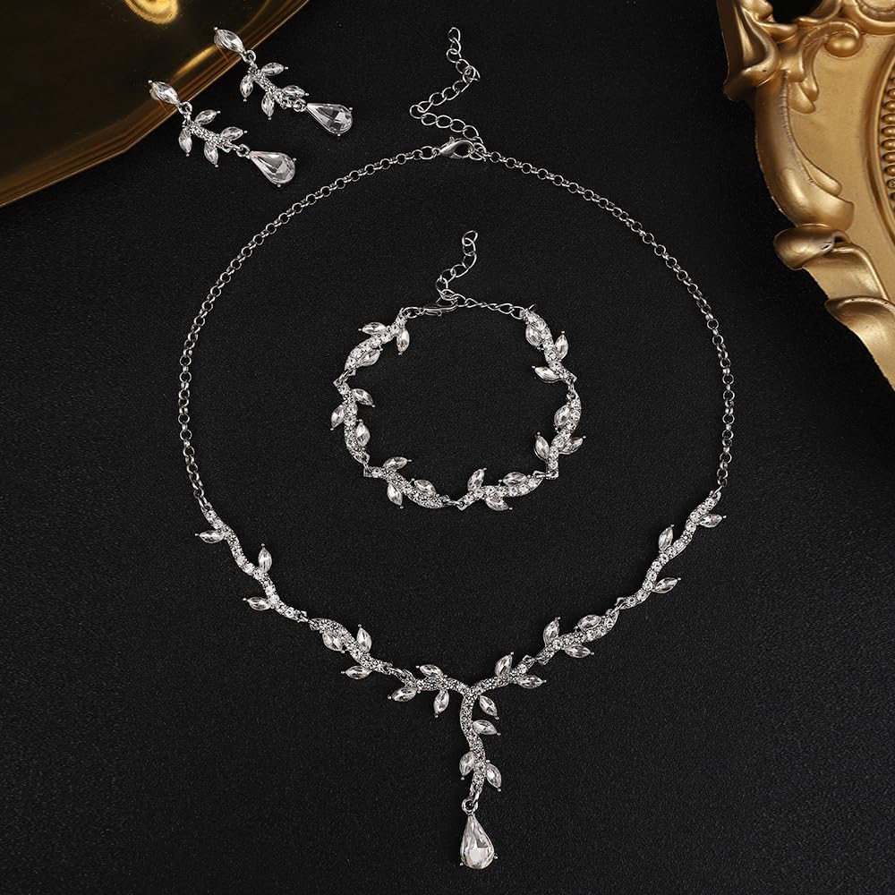 Crystal Necklace Earrings Bracelet Rhinestone Choker Necklace Bridal Wedding Jewelry Set For Brides Bridesmaid Women Party Accessory