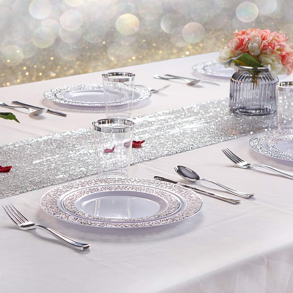 WDF 100pcs Silver Plastic Dessert Plates 7.5" with 100 Pieces Disposable Forks 7.4", Silver Plates Appetizer Plates Small Plates, Fancy Salad Plate and Cake Plate for Christmas Party/Wedding
