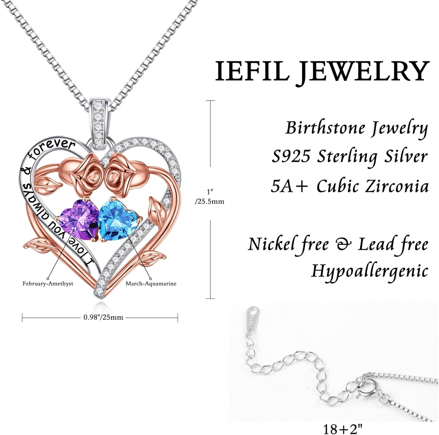 Iefil Rose Heart Double Birthstone Necklace Gifts for Wife Her Mom Women, Birthstone Jewelry Gemstone Birthday Gifts for Girlfriend Grandma Her Wife Women