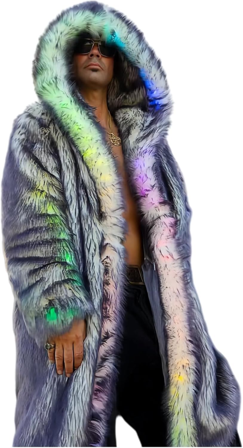 Led Light up Rave Jacket Fur Long Luminous Outfit Winter Warm Glow Party Clothing Flashing 3 Pockets Pirate Coat