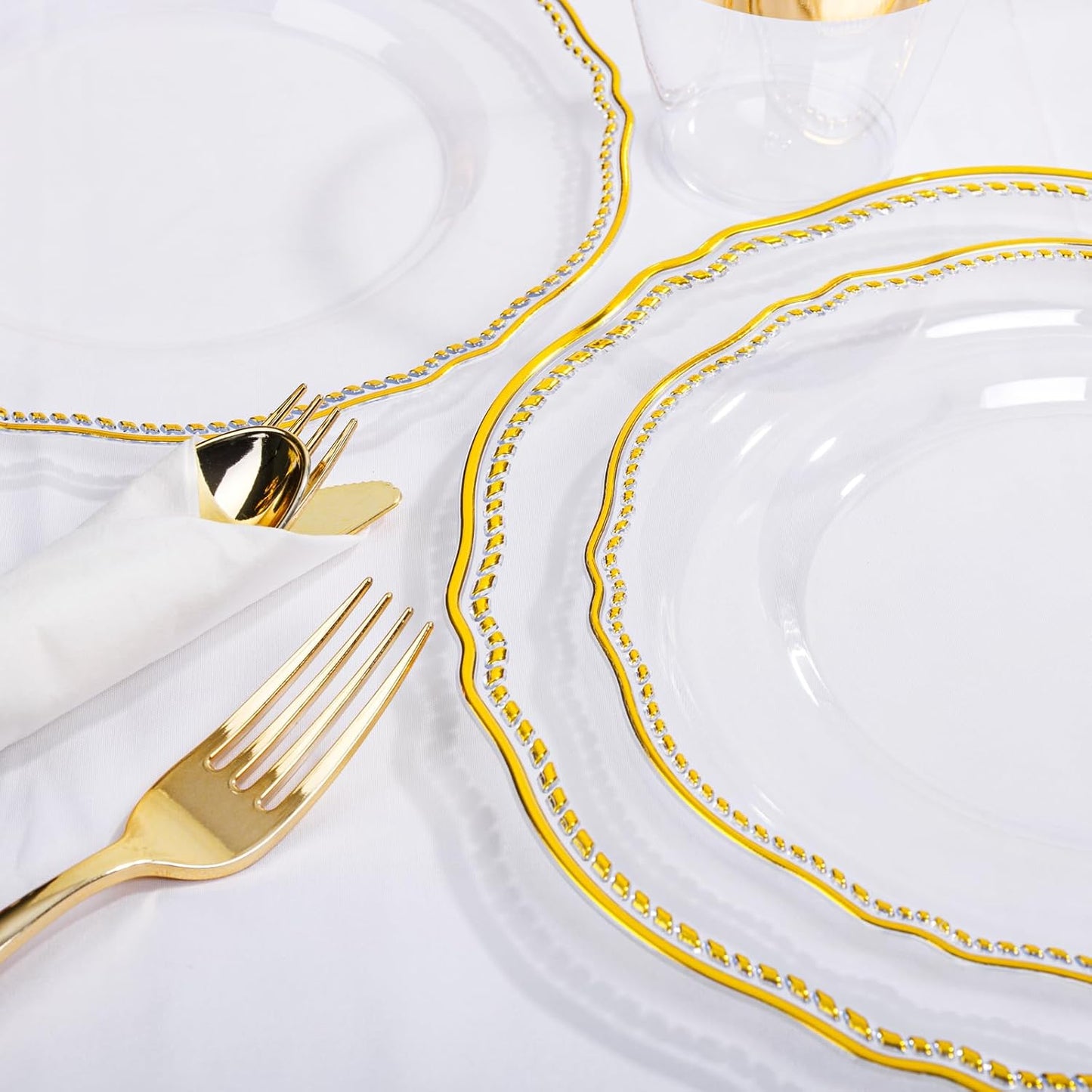 Hioasis 175pcs Clear Gold Plastic Plates - Gold Plastic Dinnerware Set Includes 25 Dinner Plates, 25 Dessert Dinnerware, 25 Cups, 25 Napkins Perfect for Wedding & Party