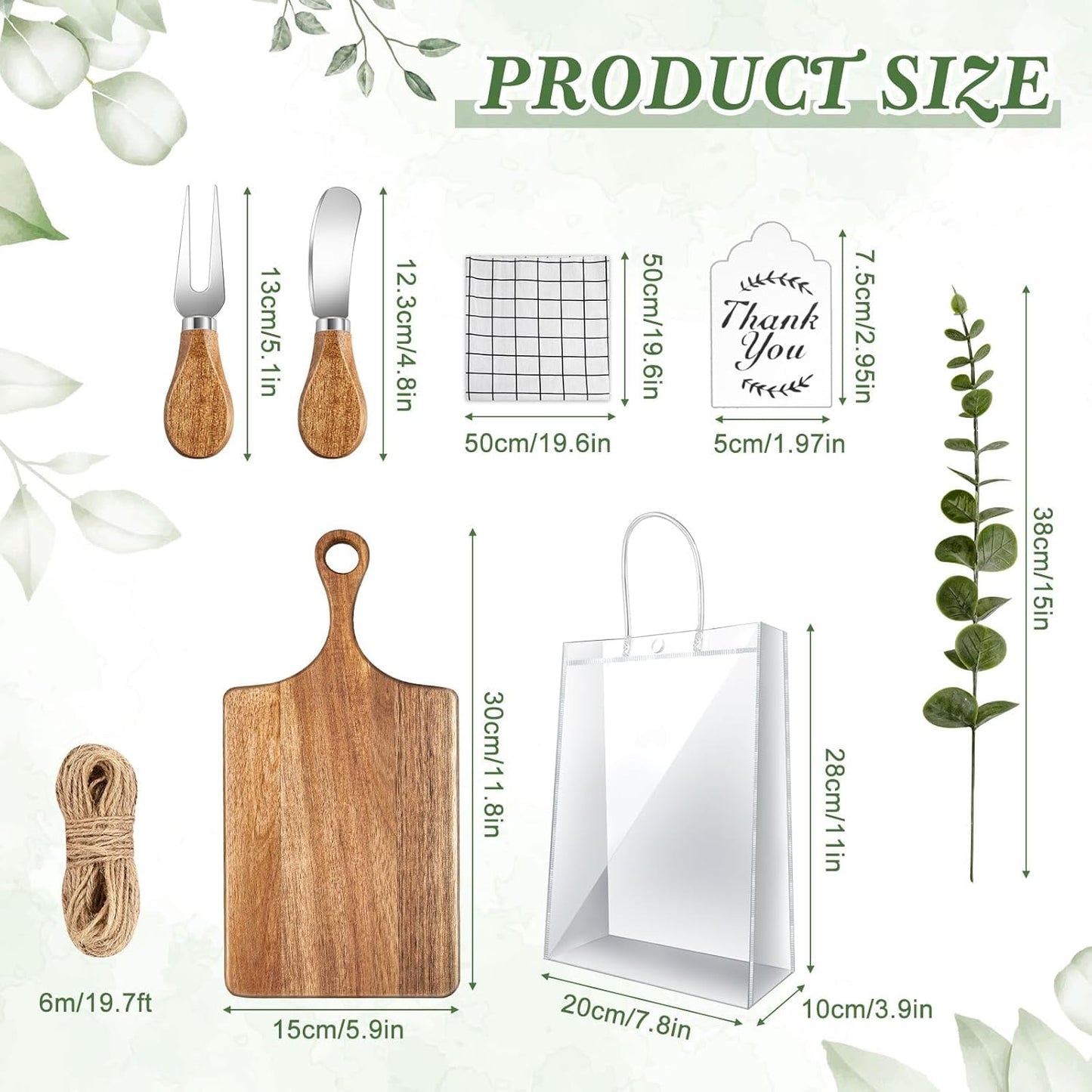 43 Pcs Baby Shower Prizes for Game Player 6 Sets Baby Shower Game Prizes Wedding Bridal Favors for Winners with Acacia Cheese Board Oak Knife and Fork Placements Artificial Eucalyptus Stems Tags Bags