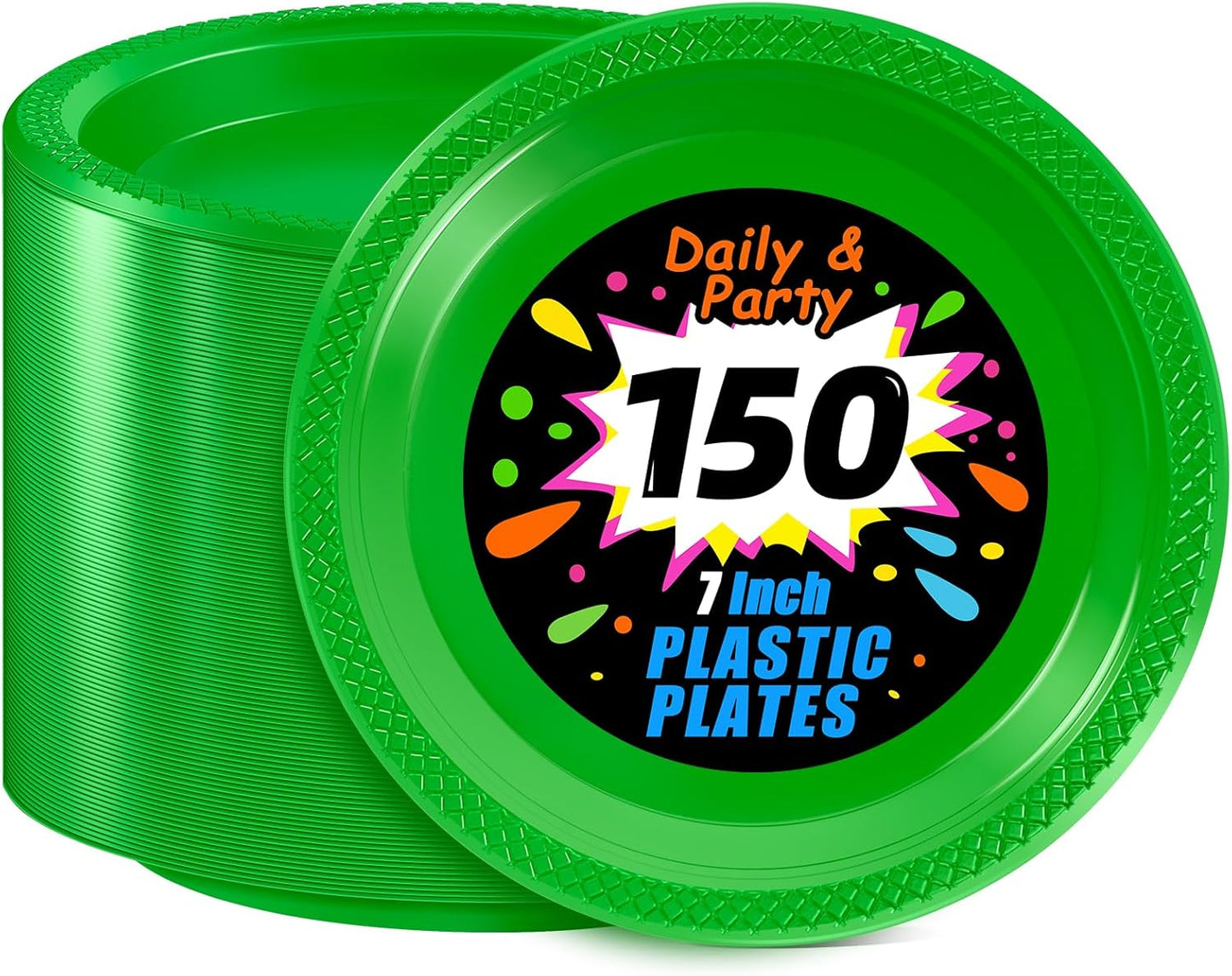 WELLIFE Green Party Plates 7 Inch -150 Count, Plastic Disposable Dessert Plates for Party St. Patrick's Day Easter Cake Appetizers Salad