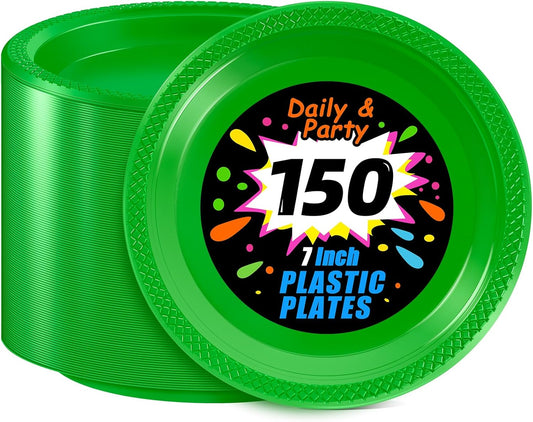 WELLIFE Green Party Plates 7 Inch -150 Count, Plastic Disposable Dessert Plates for Party St. Patrick's Day Easter Cake Appetizers Salad
