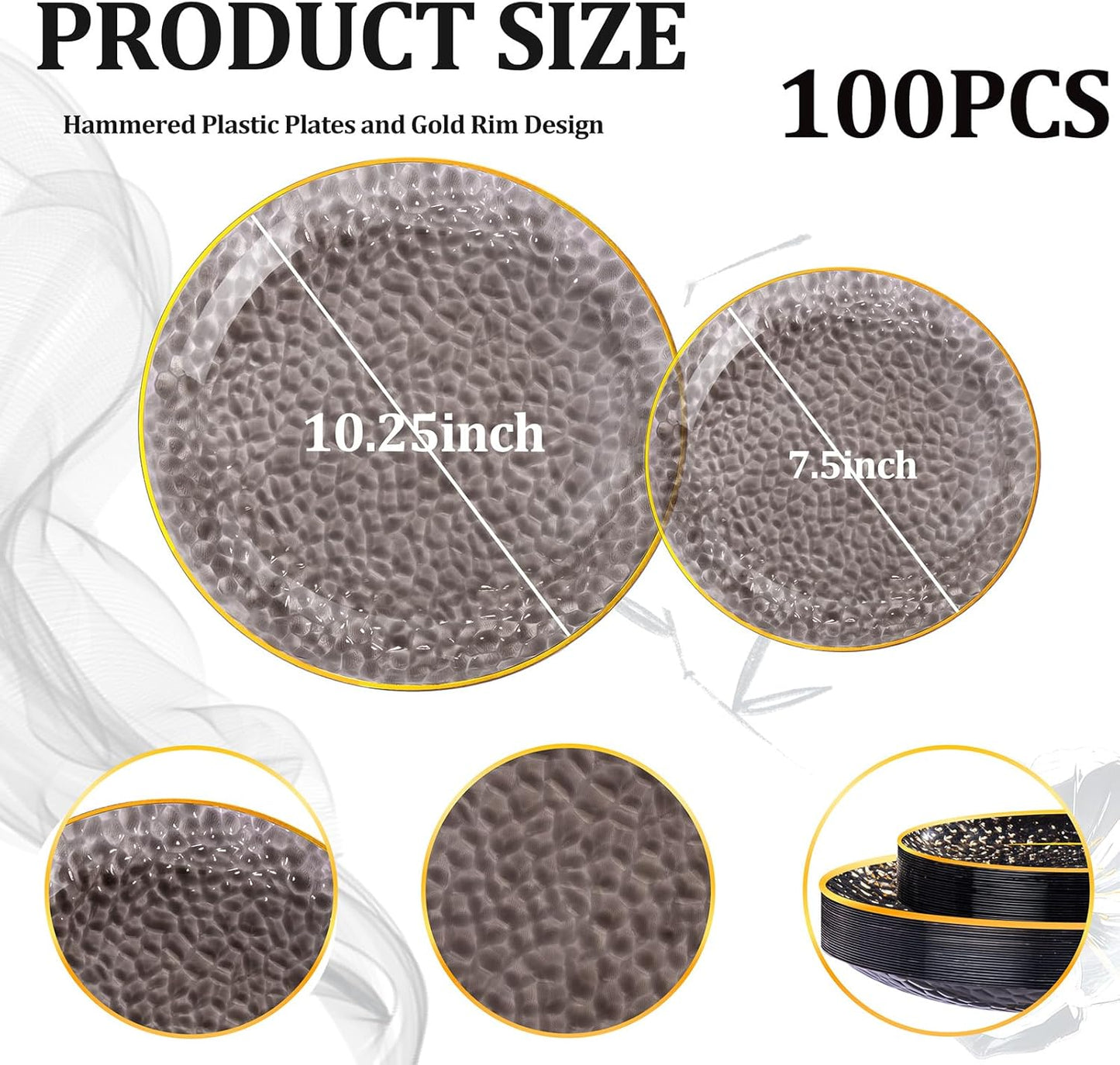 SUT 100Pcs Black Plastic Plates, Hammered Plates Disposable Heavy Duty, Black Disposable Plates With Gold Rim, Fancy Plastic plates Include 50 Dinner and 50 Dessert plates for Wedding