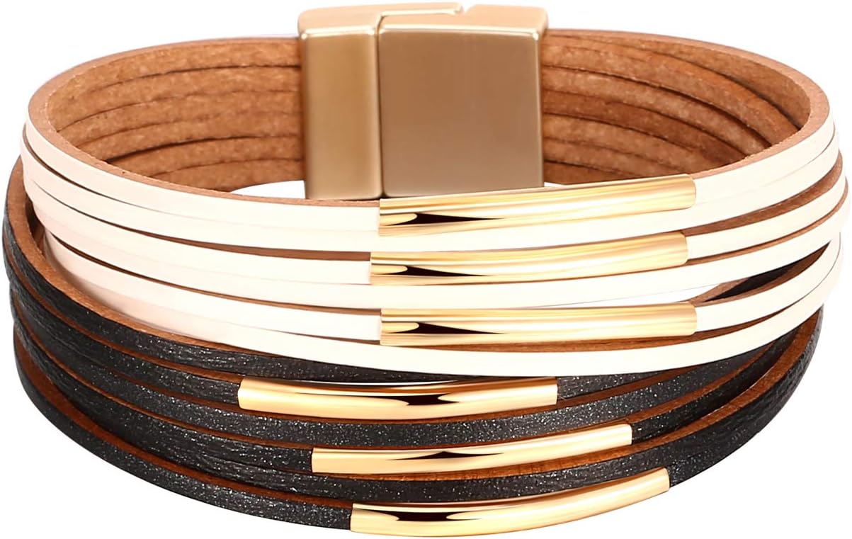 Fesciory Leather Wrap Bracelets for Women, Boho Leopard Multi-Layer Crystal Beads Cuff Bracelet Jewelry