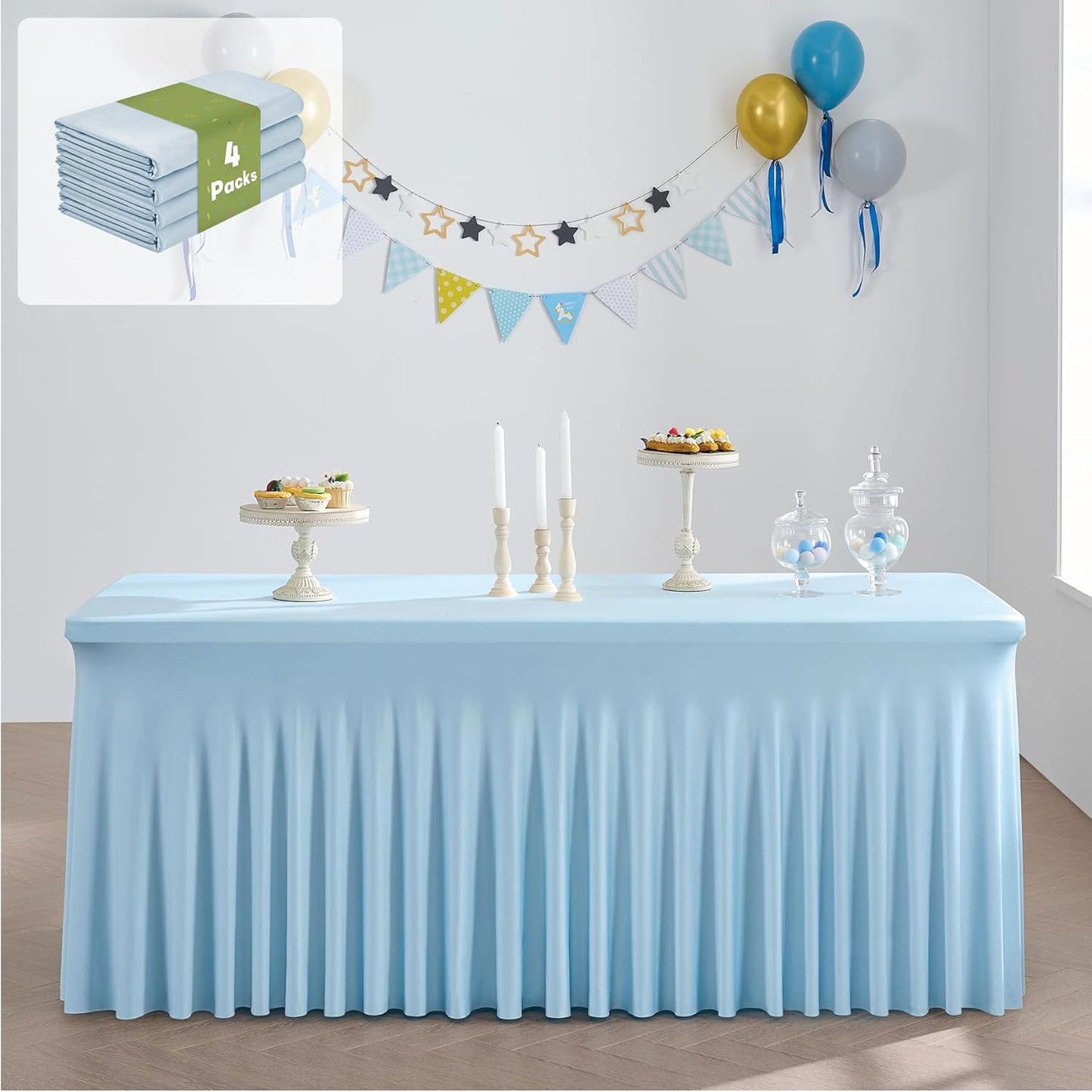leegleri 4 Pack Blue Spandex Table Clothes for 6 Foot Rectangle Tables, Wrinkle Free Fitted Table Cover 6ft Stretch Tablecloths with Skirt for Parties Weddings Birthday Banquet Baby Shower