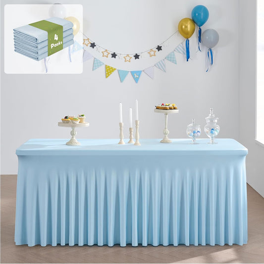leegleri 4 Pack Blue Spandex Tablecloths for 8 Foot Rectangle Tables, Wrinkle Free Fitted Table Cloths 8ft Stretchy Table Cloth Cover with Skirt for Parties Weddings Birthday Banquet Baby Shower