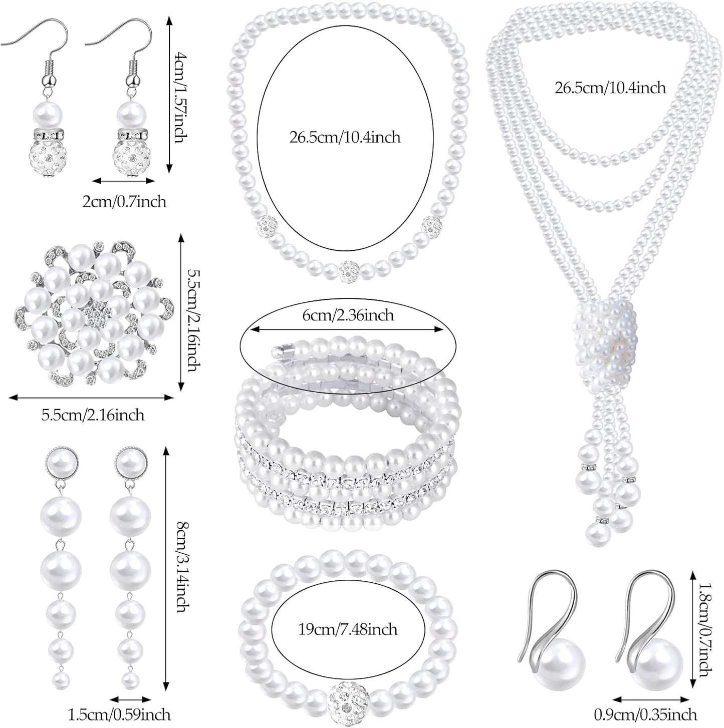 Pearl Jewelry Set for Women Faux Pearl Costume Jewelry Set with Necklace, Bracelets, Ring, Earrings for Wedding Bridal Birthday Tea Party