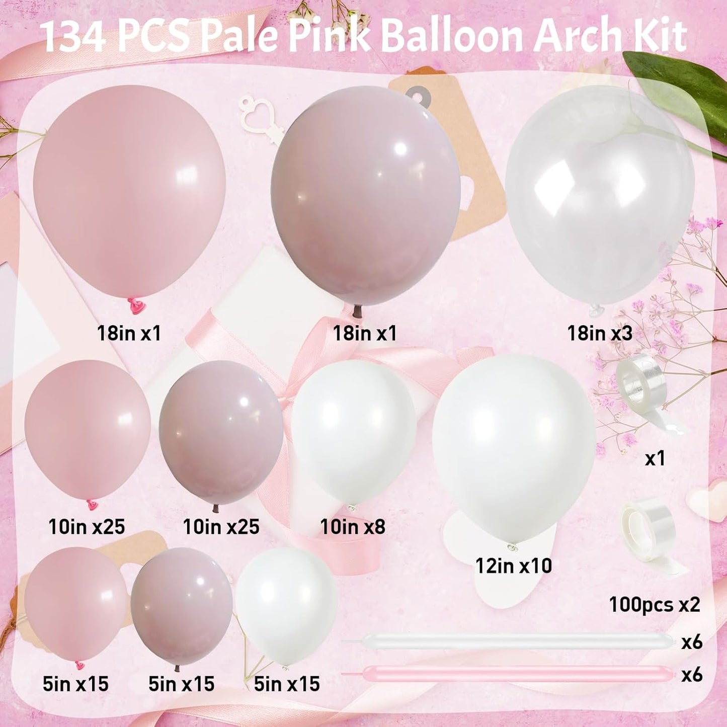 Pastel Pink and White Coquette Balloons Arch, 134 PCS Light Baby Dusty Pale Pink Bow Balloon Garland mit 18 Inch Clear Balloons *5, Long Balloon as Bow Decor for Girls Just Want To Be One Birthday