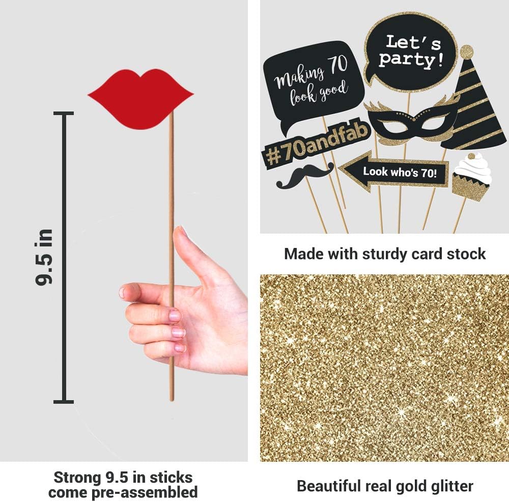 Fully Assembled 70th Birthday Photo Booth Props - Set of 30 - Black & Gold Selfie Signs - 70th Party Supplies & Decorations - Cute Bday Designs with Real Glitter - Did We Mention No DIY