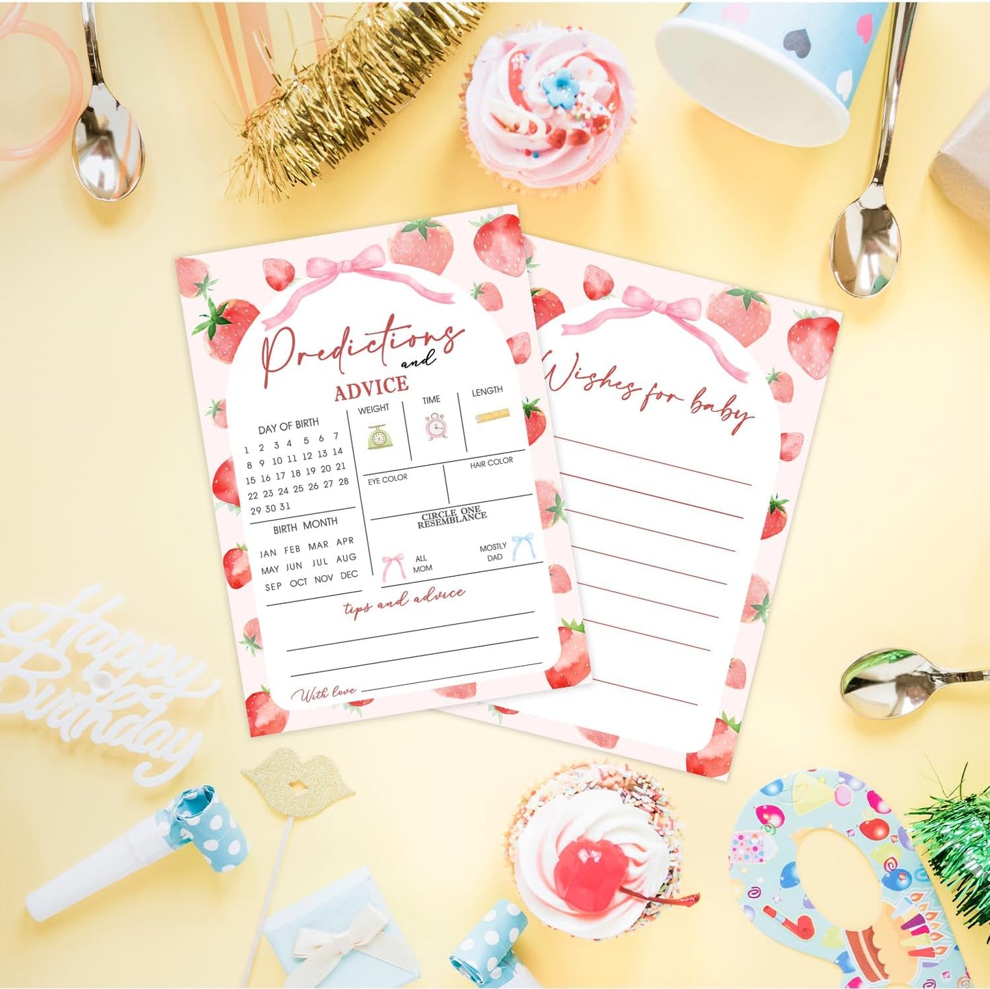 30 Pack Strawberry Baby Shower Games, Strawberry Babies Predictions & Advice Cards for Baby Shower Game Activity, Predictions Cards for Guest Sharing Wishes, Advice for New Parents to Be 5 x 7 Inch