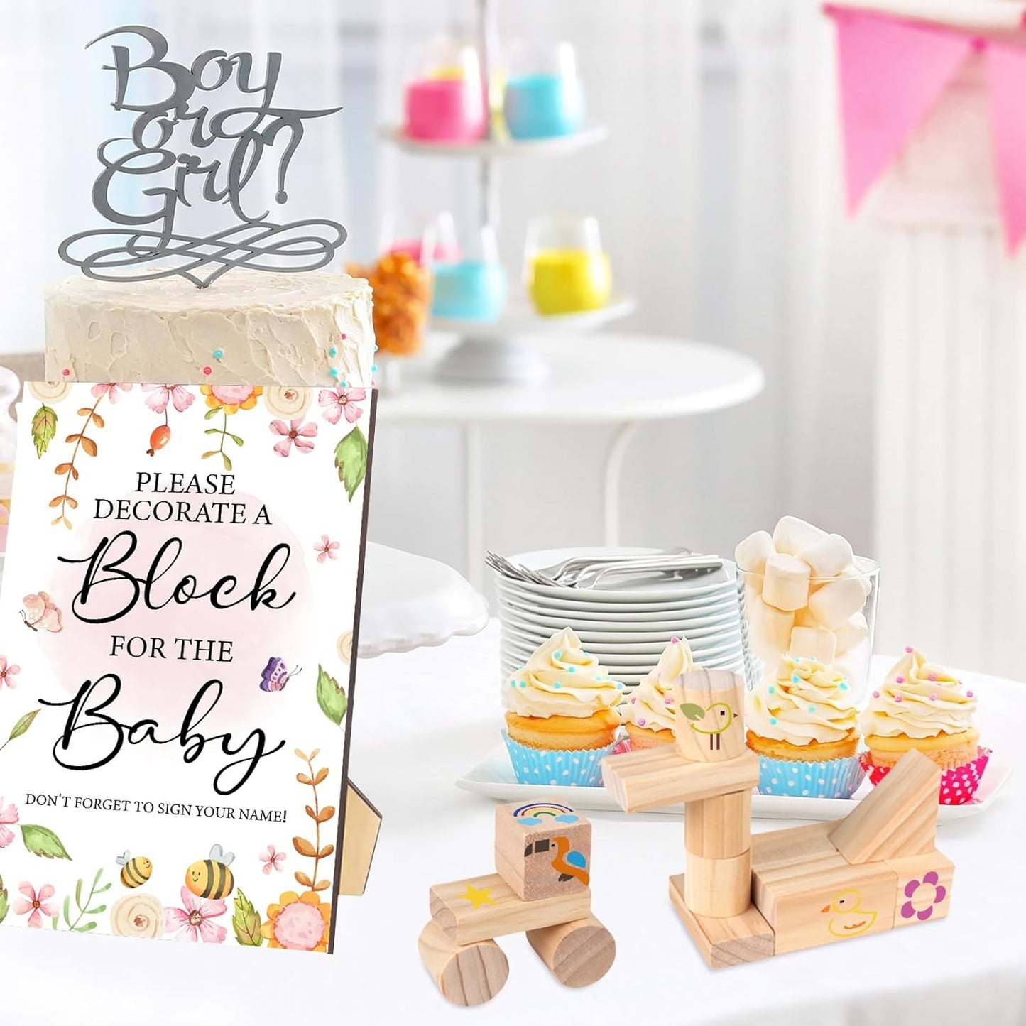 141 Pcs Baby Shower Game Sign Set Includes Decorative Square Signs 100 DIY Blank Wooden Blocks 20 Paint Markers(Garden)