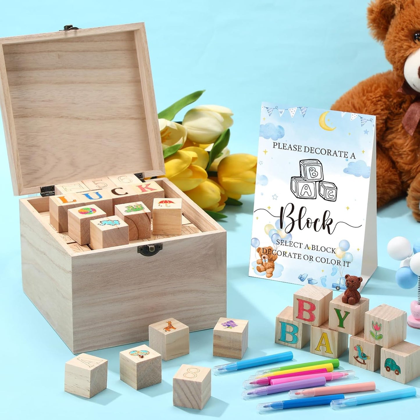 Marsui 136 Pcs Baby Shower Blocks to Decorate Game Kit Includes 98 Wooden Blocks, 36 Markers, 1 Game Sign, 1 Storage Box for Baby Shower Gender Reveal Activity Party Decorations(Blue Bear)