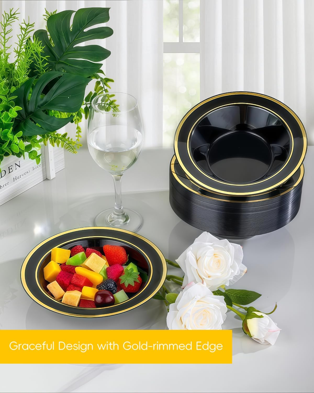 200 Pack Black Disposable Bowls with Gold Rim, 12oz Black Plastic Soup Bowls for Party, Wedding, Holiday,And Halloween