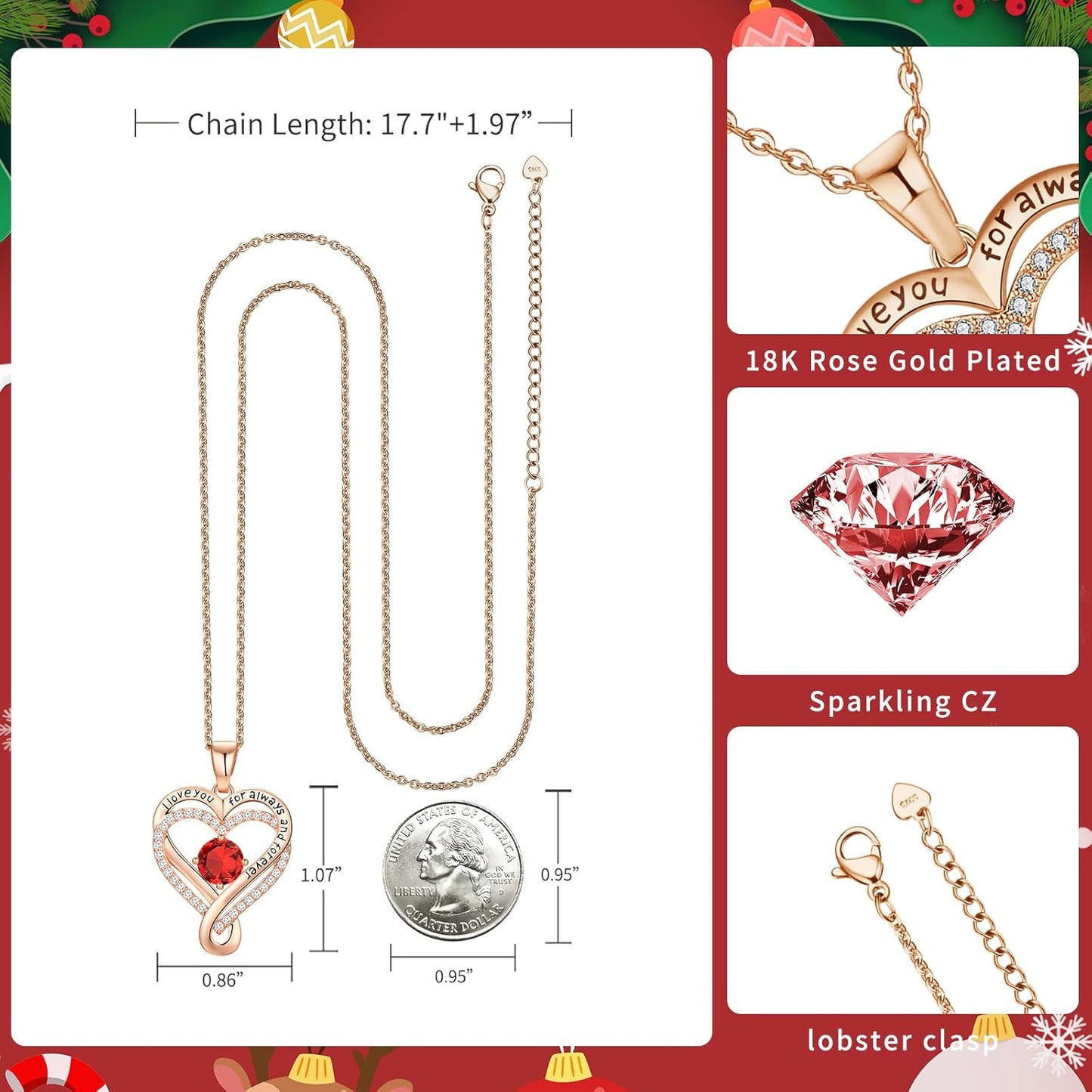 18K Rose Gold Infinity Love Heart Birthstone Necklace for Women Wife, Anniversary for Women Wife Birthday Gift for Her Girlfriend Mom Daughters, I Love You Women's Jewelry S925 Sterling Silver