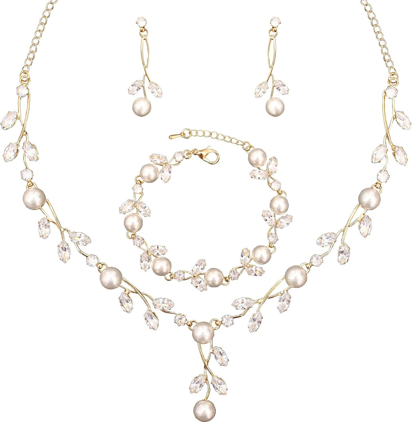 Luxury Cubic Zirconia Aurtrian Crystal Pearl Floral Necklace Dangle Earrings Wedding Bridal Jewelry Set Birthday Gifts for Her