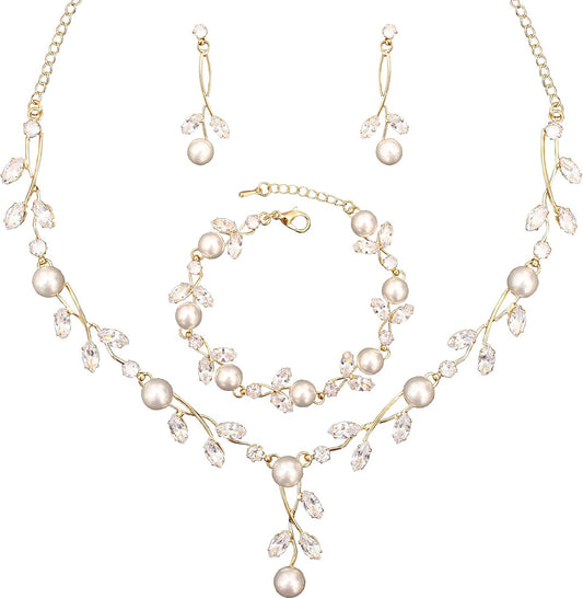 Luxury Cubic Zirconia Aurtrian Crystal Pearl Floral Necklace Dangle Earrings Wedding Bridal Jewelry Set Birthday Gifts for Her