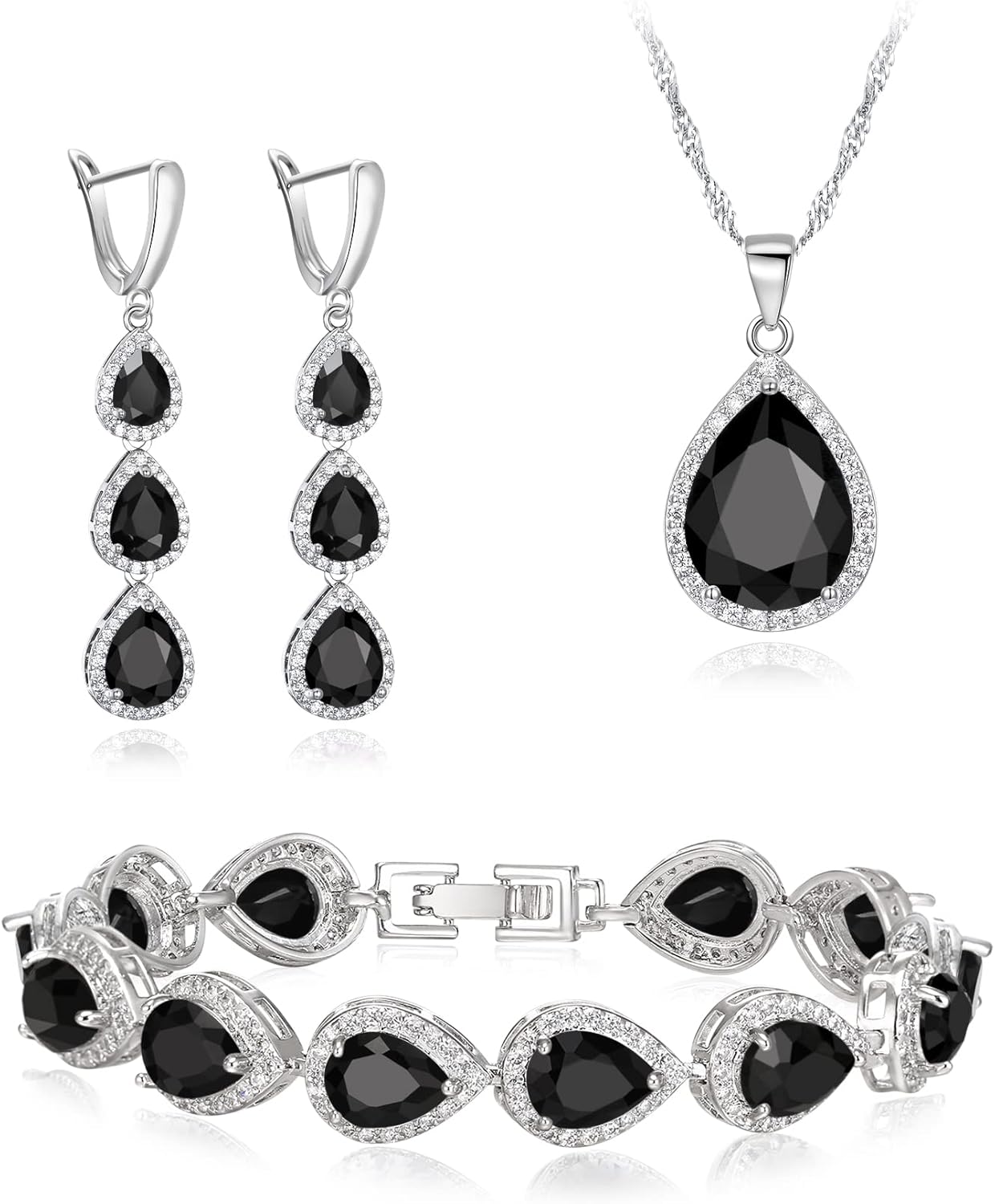 EleQueen Water Drop Pendant Necklace Long Dangle Earrings Tennis Bracelet Set, Sparkle Cubic Zirconia Teardrop Wedding Jewelry Sets for Bride Bridesmaid