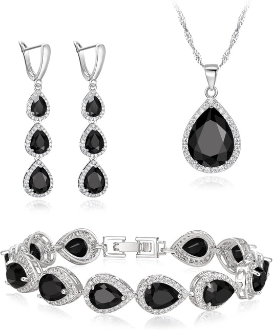 EleQueen Water Drop Pendant Necklace Long Dangle Earrings Tennis Bracelet Set, Sparkle Cubic Zirconia Teardrop Wedding Jewelry Sets for Bride Bridesmaid