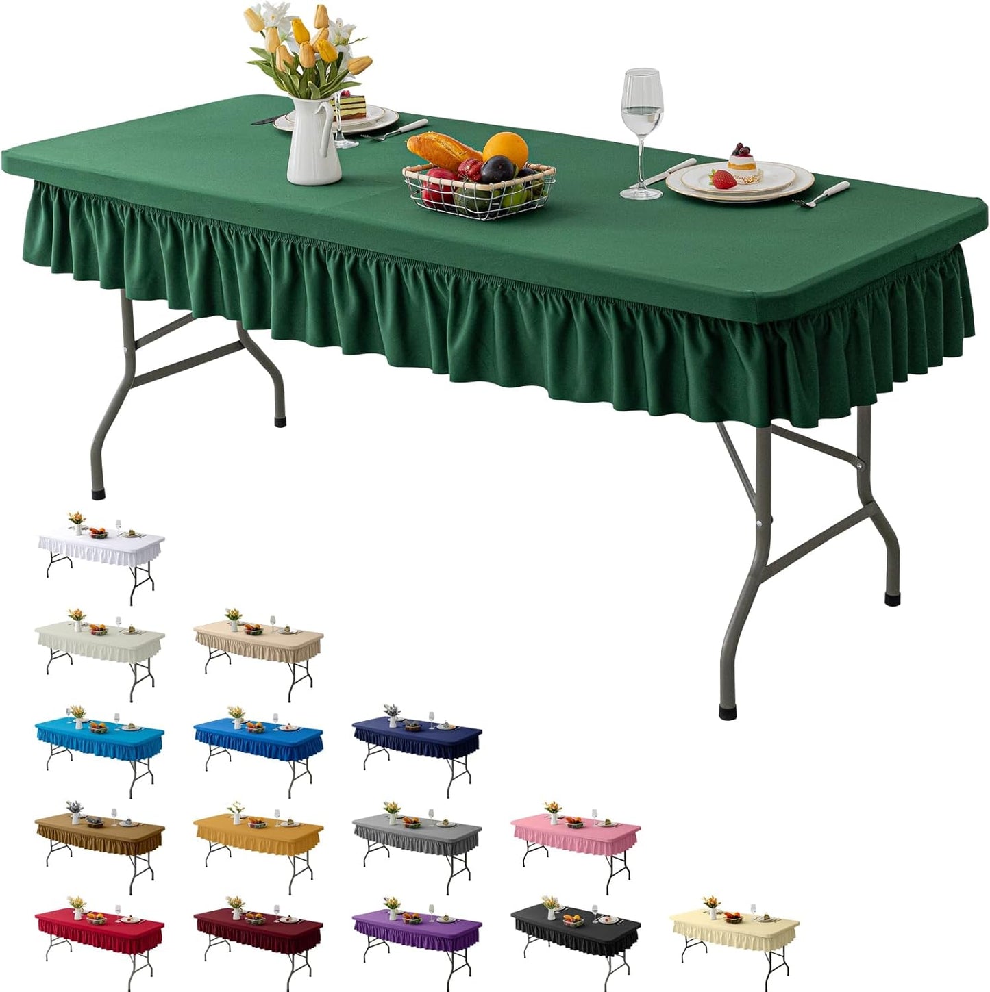 4ft Dark Green Stretch Tablecloth for Rectangular Tables - Flared Wrap Design, Waterproof, Wrinkle-Resistant, Washable - Ideal for Weddings, Parties, Banquets & Table Protection