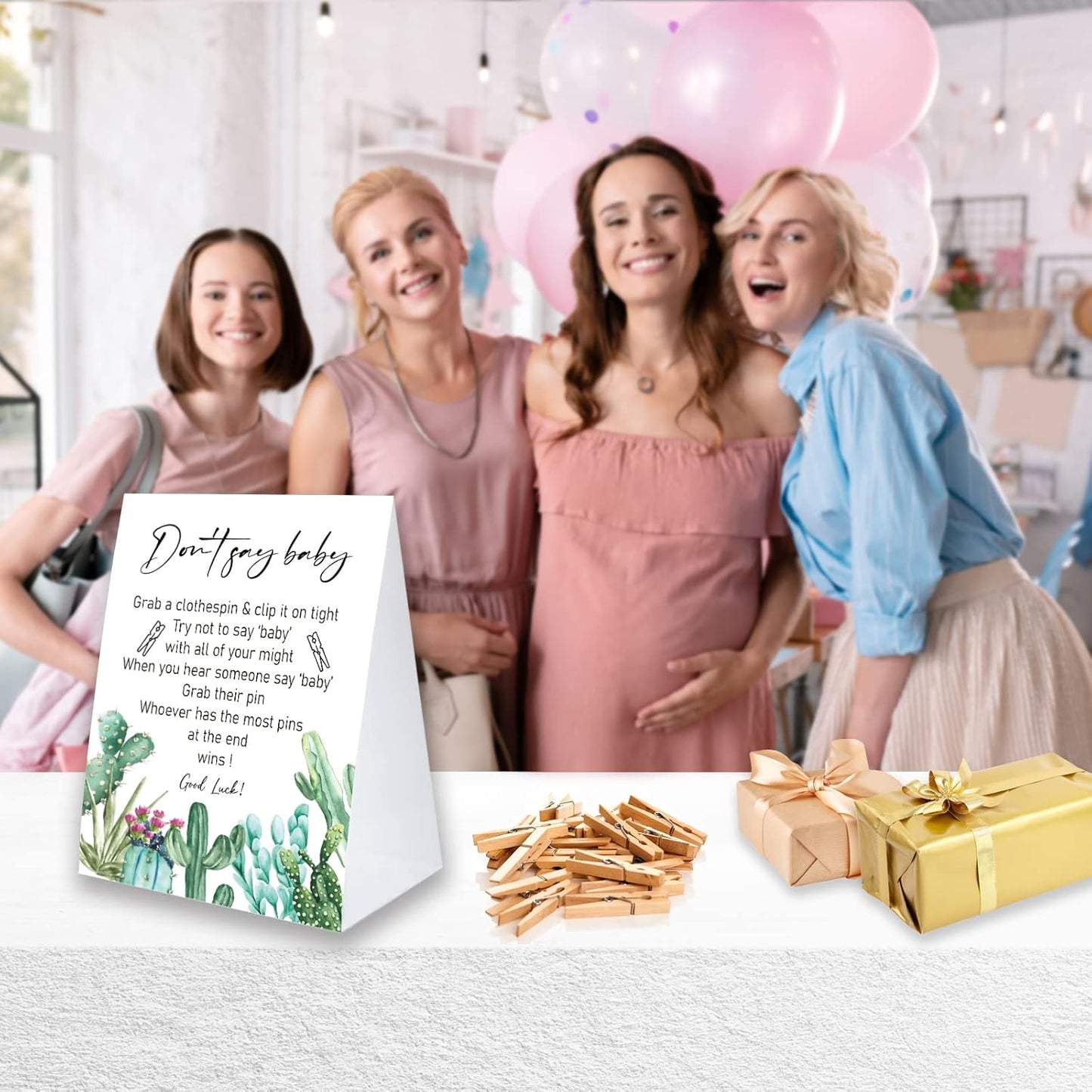 Don't Say Baby Game For Baby Shower Clothespin Game, One 5x7 Coated Paper Sign And 50 Natural Clothespins, Tropical Cactus Theme, Gender Neutral -NDSBB18