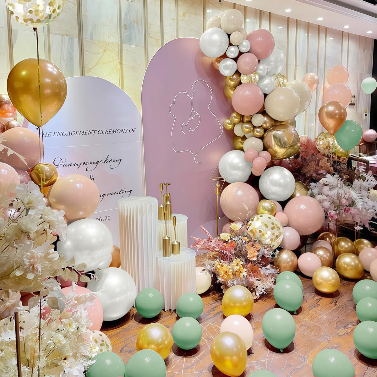 Pastel Green Pink White Gold Balloon Arch Kit, 147PCS Fog Green Light Pink White Sand Gold Metallic and Confetti Balloons Garland for Baby Shower Gender Reveal Wedding Party Decoration