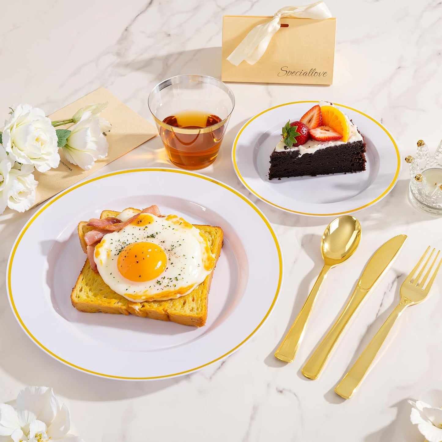 SUT 350 Pcs Gold and White Plastic Dinnerware Set for 50 Guests, Include: 50 Dinner Plates, 50 Dessert Plates, 50 Pre Rolled Napkins With Silverware, 50 Cups, Disposable Plates for Party, Wedding